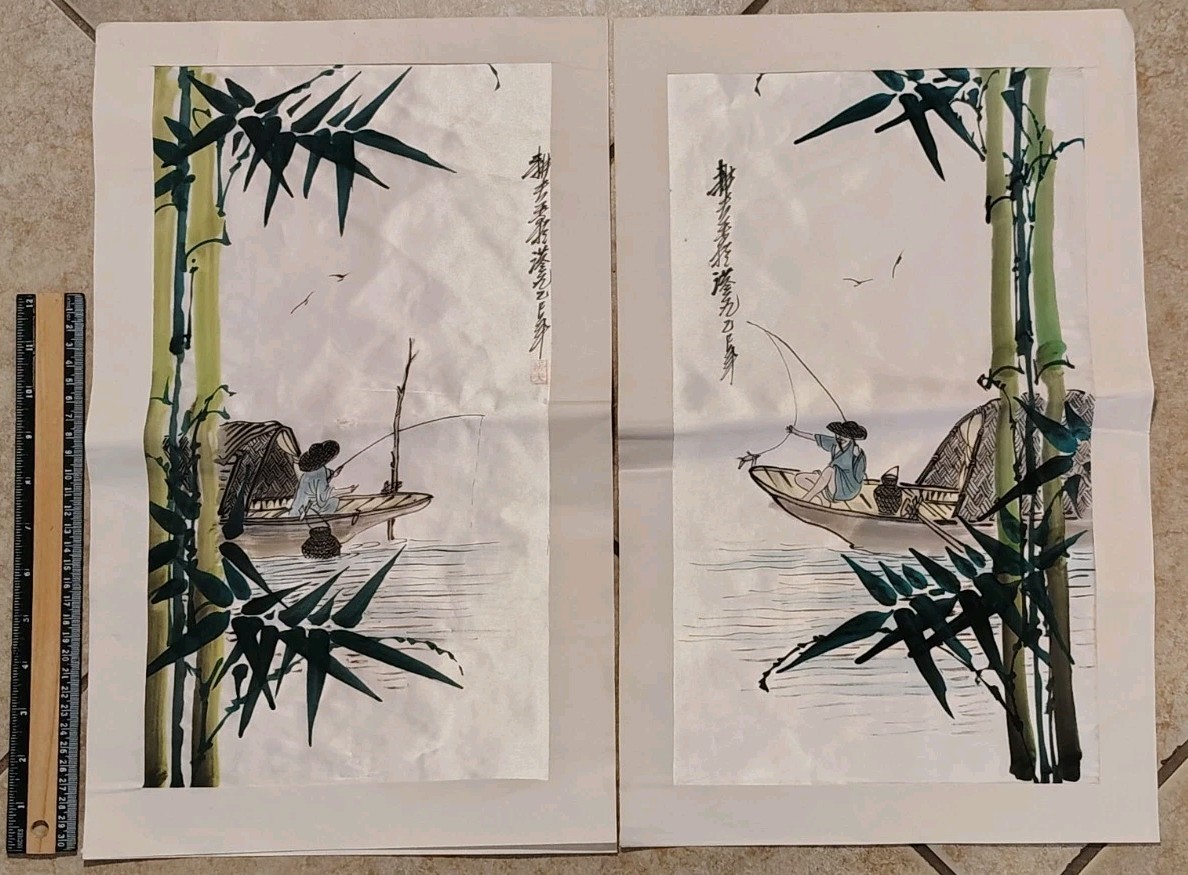 Vintage Chinese Guilin Silk Painting Pair Fisherman Bamboo Hand Painted Red Seal