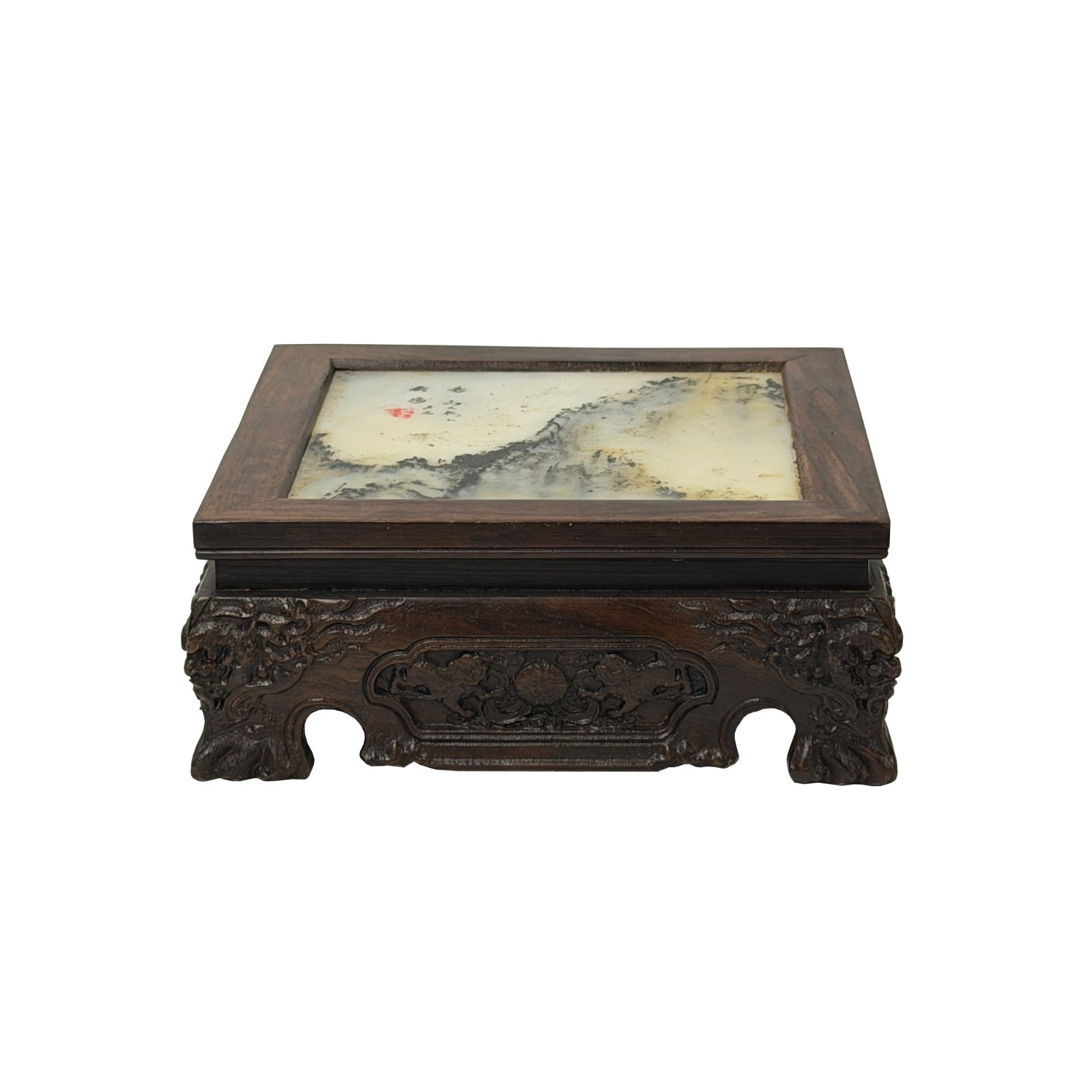 Square Dream Stone Inlaid Rosewood Foo Dog Lions Motif Display Stand GB774