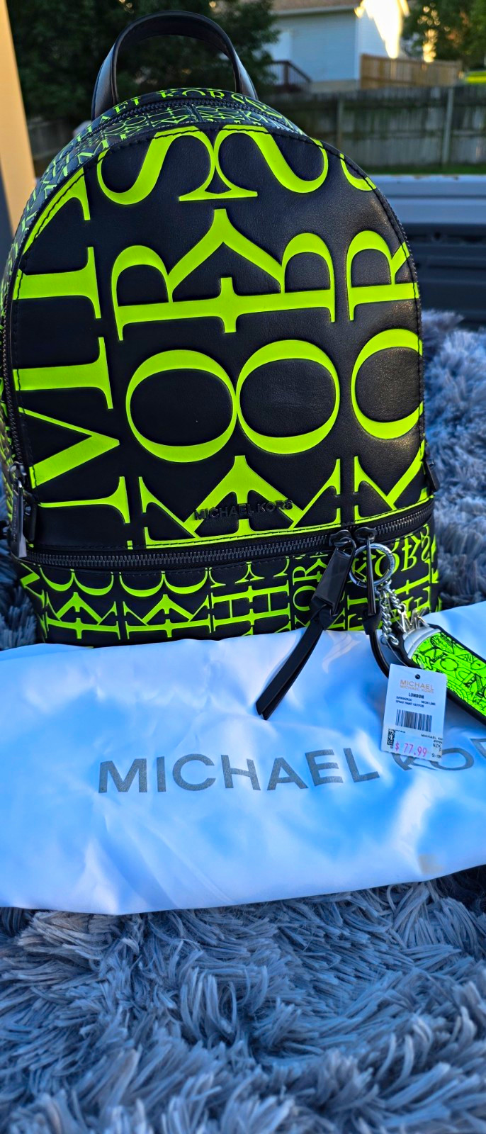 Michael Kors Tech Backpack Black/Neon Lime, Zip Closure, Adjustable Strap, Charm