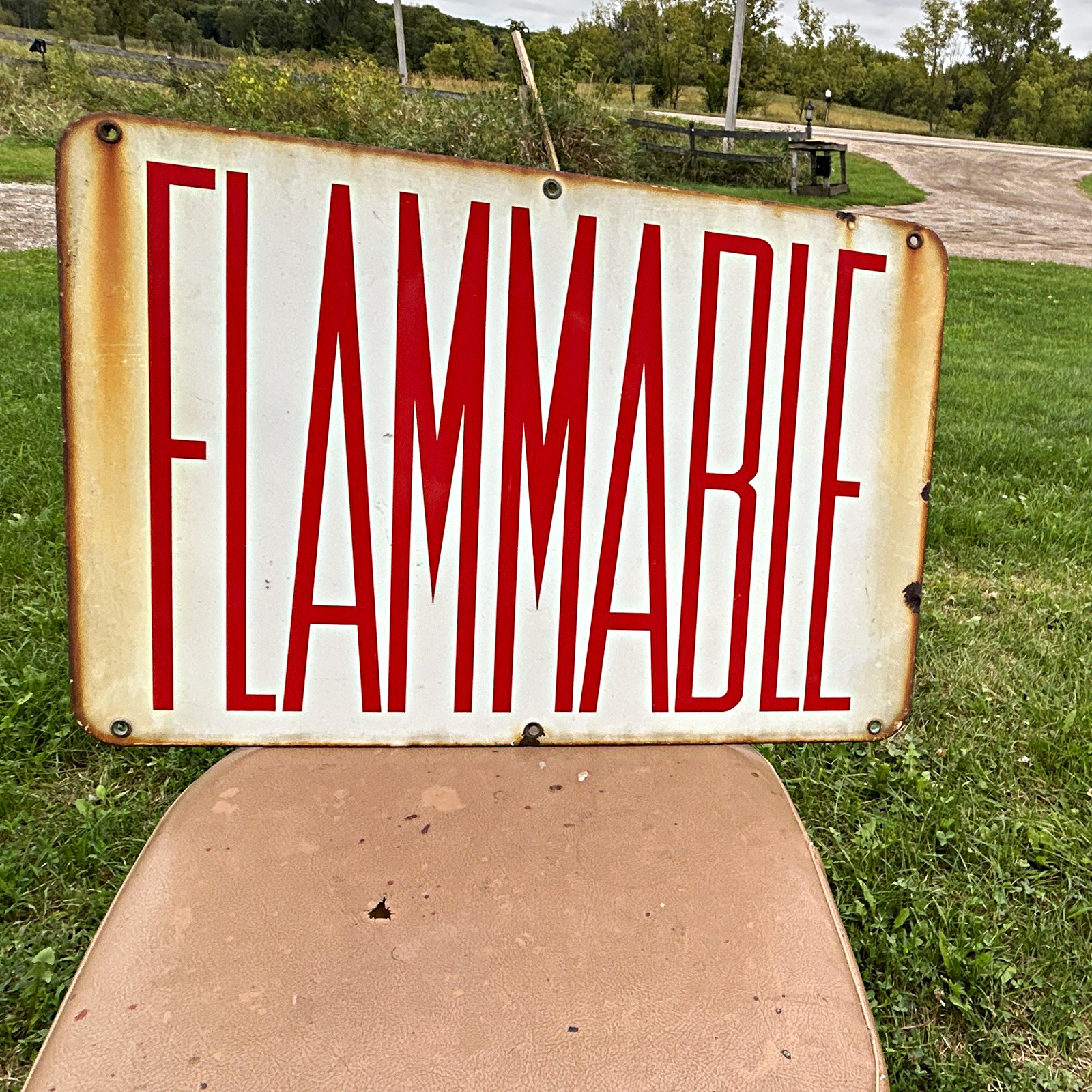 Vintage Metal Flammable Safety Sign with Red Lettering Wall Mount