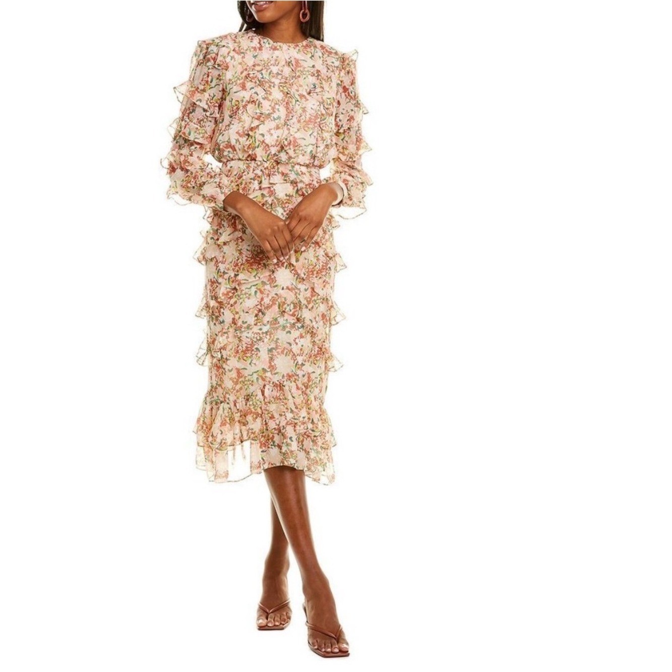Saloni Victoria Midi Dress Women\'s 0 Silk Georgette Long Sleeve Amaryllis NWT
