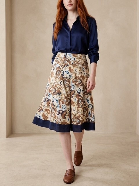 Ann Klein Printed Midi Skirt with Navy Border, Size 10 Ann Klein Printed Midi Skirt with Navy Border, Size 10
