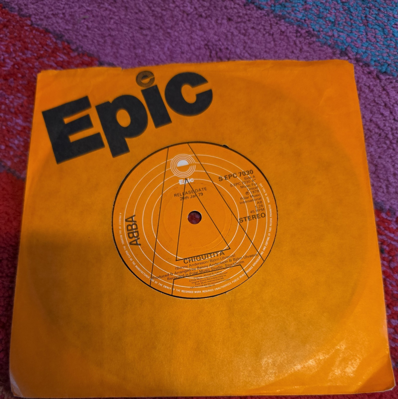 abba 3 x orange epic promo label vinyl - chiquitita/take a chance/summer night