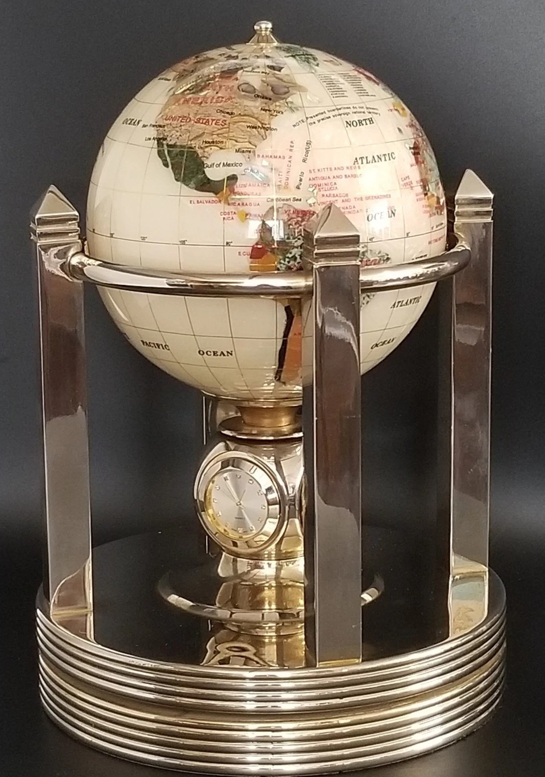 Alexander Kalifano Brass Rotating Gemstone Globe Clock Mother of Pearl Alexander Kalifano Brass Rotating Gemstone Globe Clock Mother of Pearl
