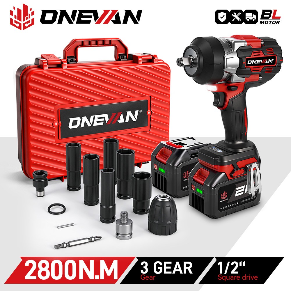 ONEVAN 2800Nm Electric Impact Wrench Cordless 1/2\'\' Power Driver w/2 6Ah Battery