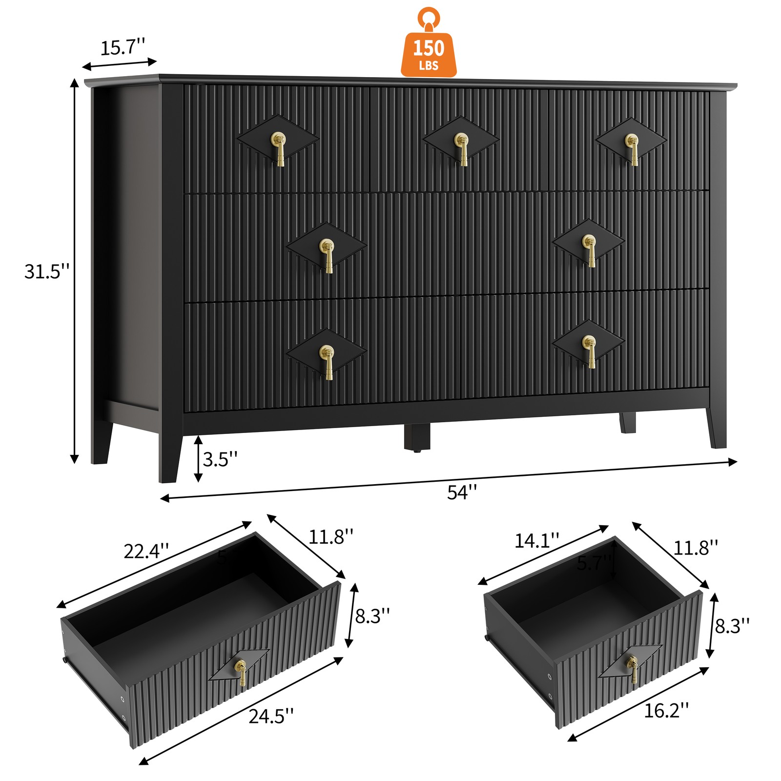 7 Drawer Dresser 54 Inch Wide Fluted Storage Cabinet Modern Bedroom Living Room