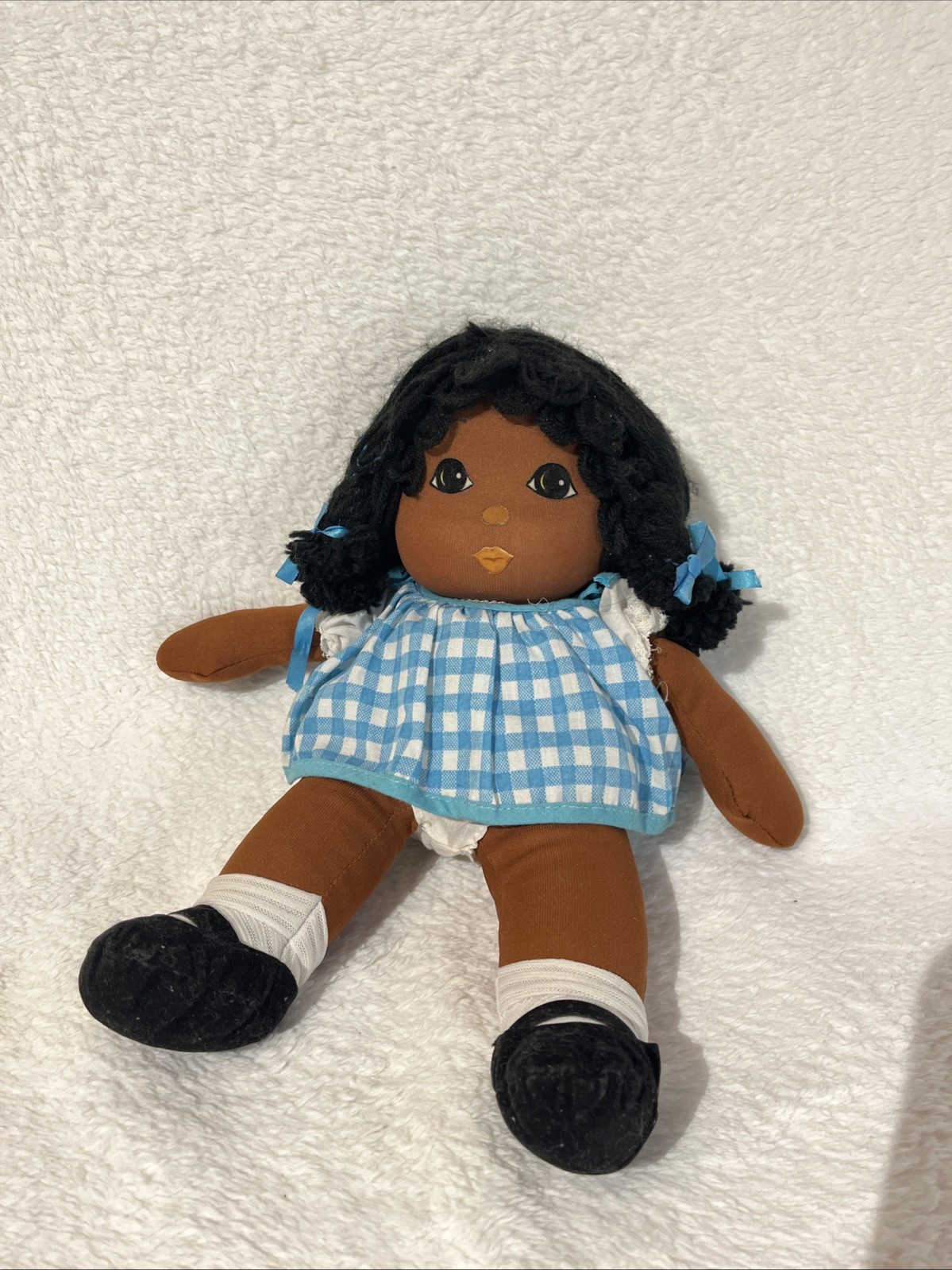 Vtg Russ Berrie Toffee Doll Toy African American Blue White Checkered Dress