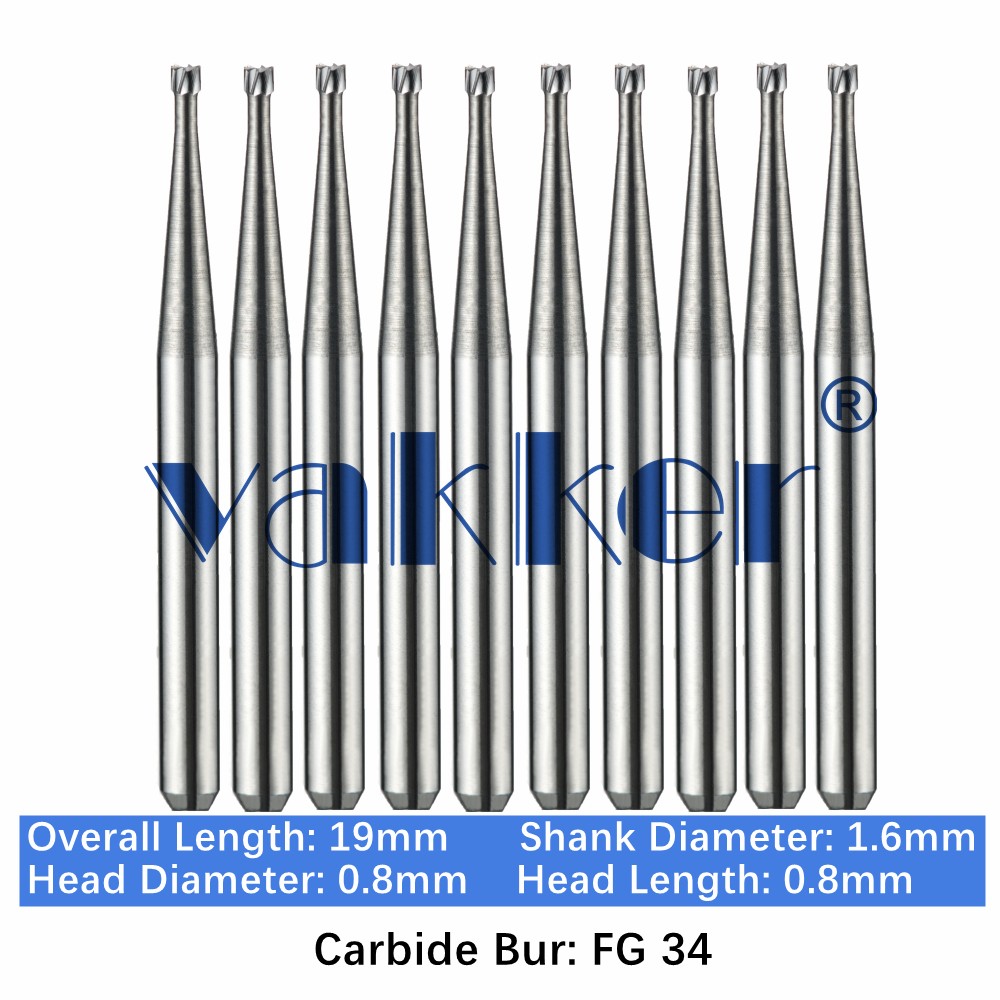 10-100pc Vakker Dental Carbide Burs FG34 19mm Inverted Cone Burs for High Speed