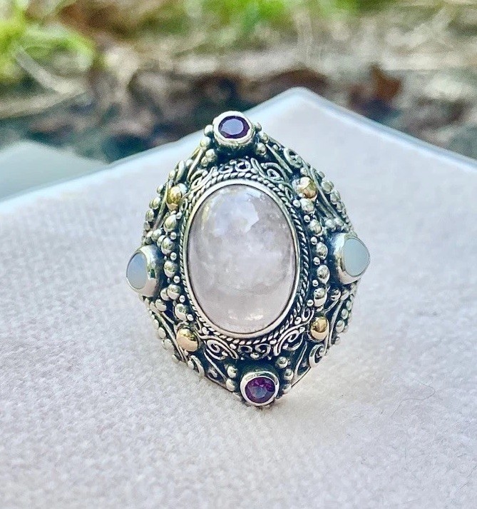 Rare Sarda Sterling 925 & 18k Ring w/Rhodonite, Garnet, White Opal & Morganite