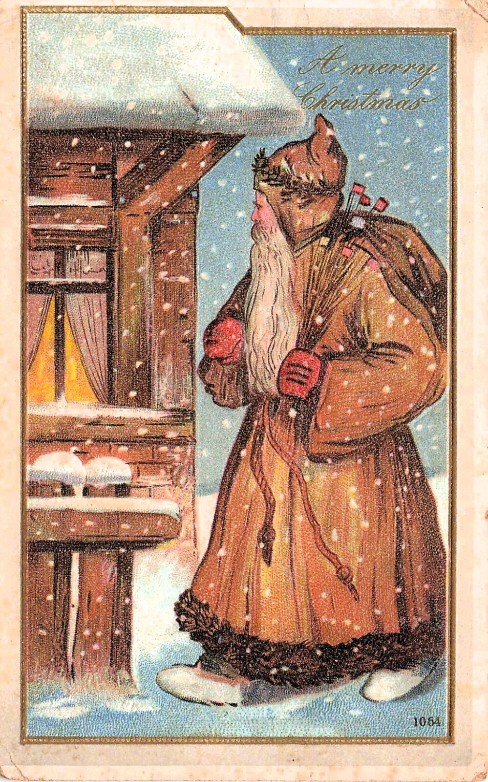 Antique Christmas Card Santa Gold Robe Weird Odd Flags Sticks Vtg Postcard G57