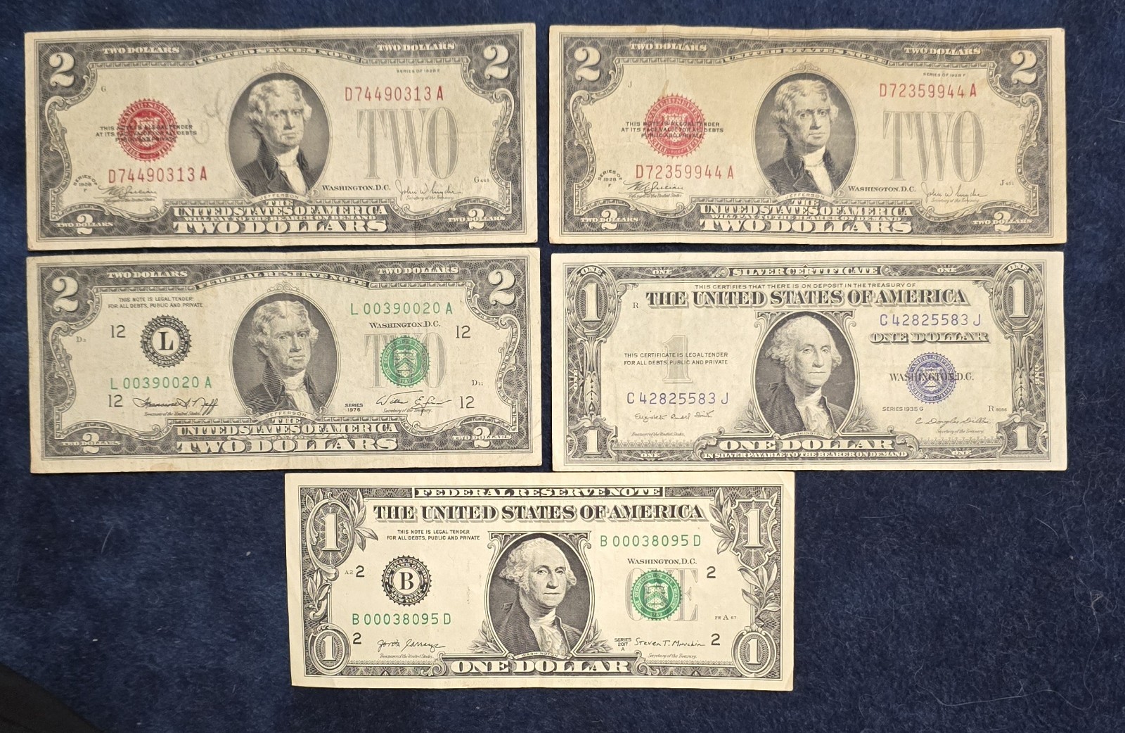 Vintage US Paper Money Lot: Two 1928 F $2 Red Seal Notes, 1935G $1 Silver Cert