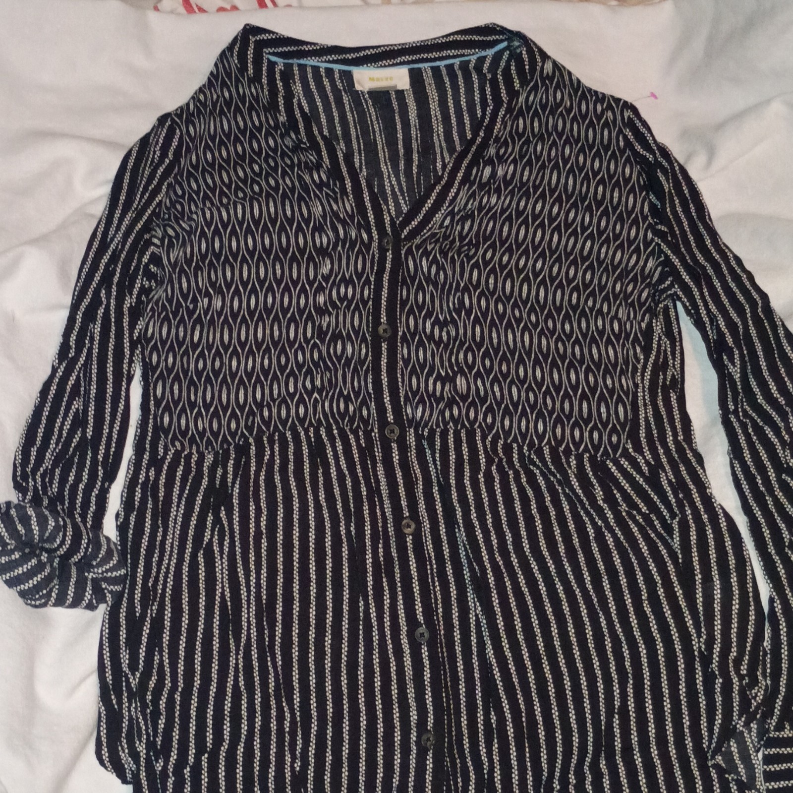 Anthropologie Maeve Calia Black & White Printed Buttondown Tunic Top Size 12