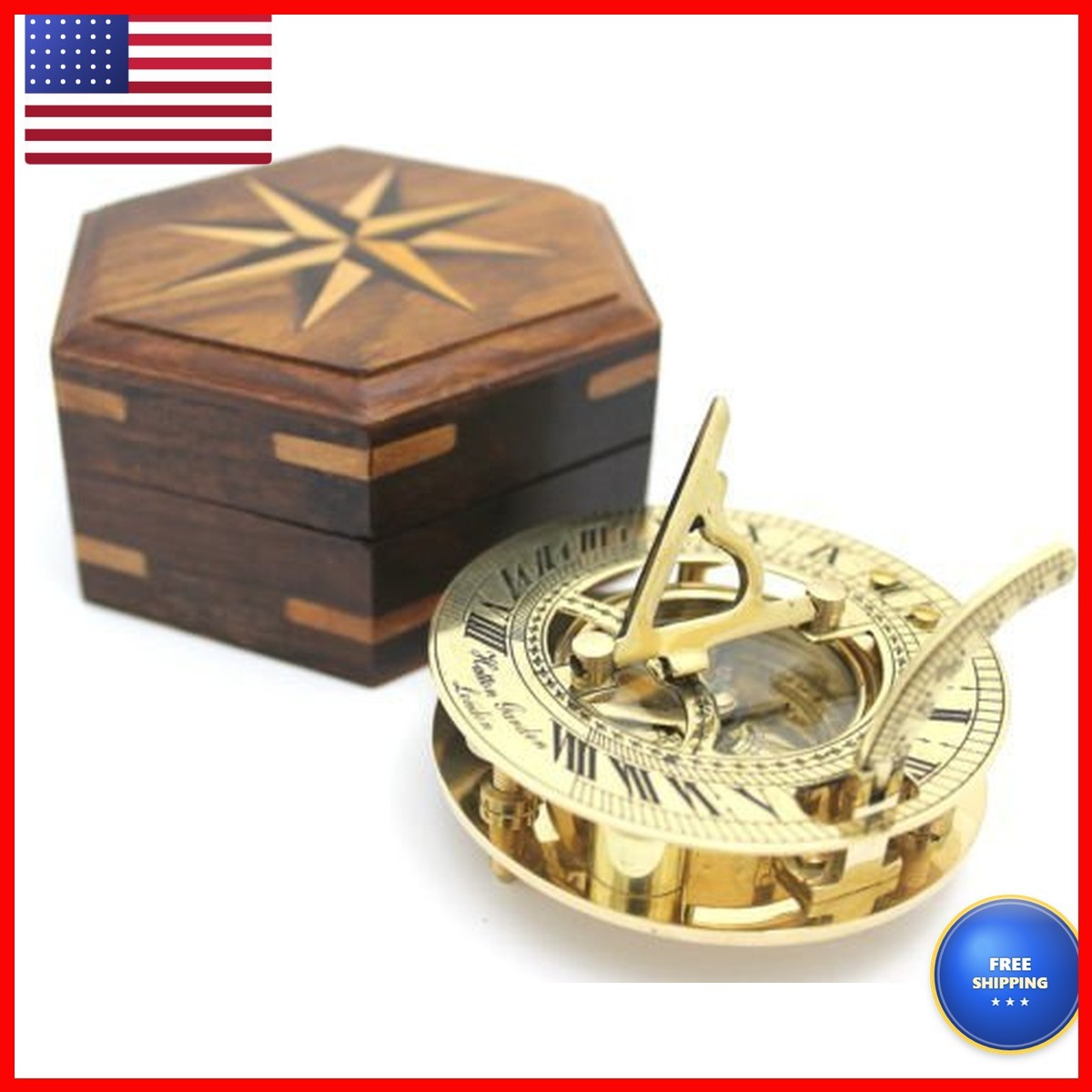 THOR INSTRUMENTS Nautical Solid Brass Round Sundial Compass Rosewood Box, Brass