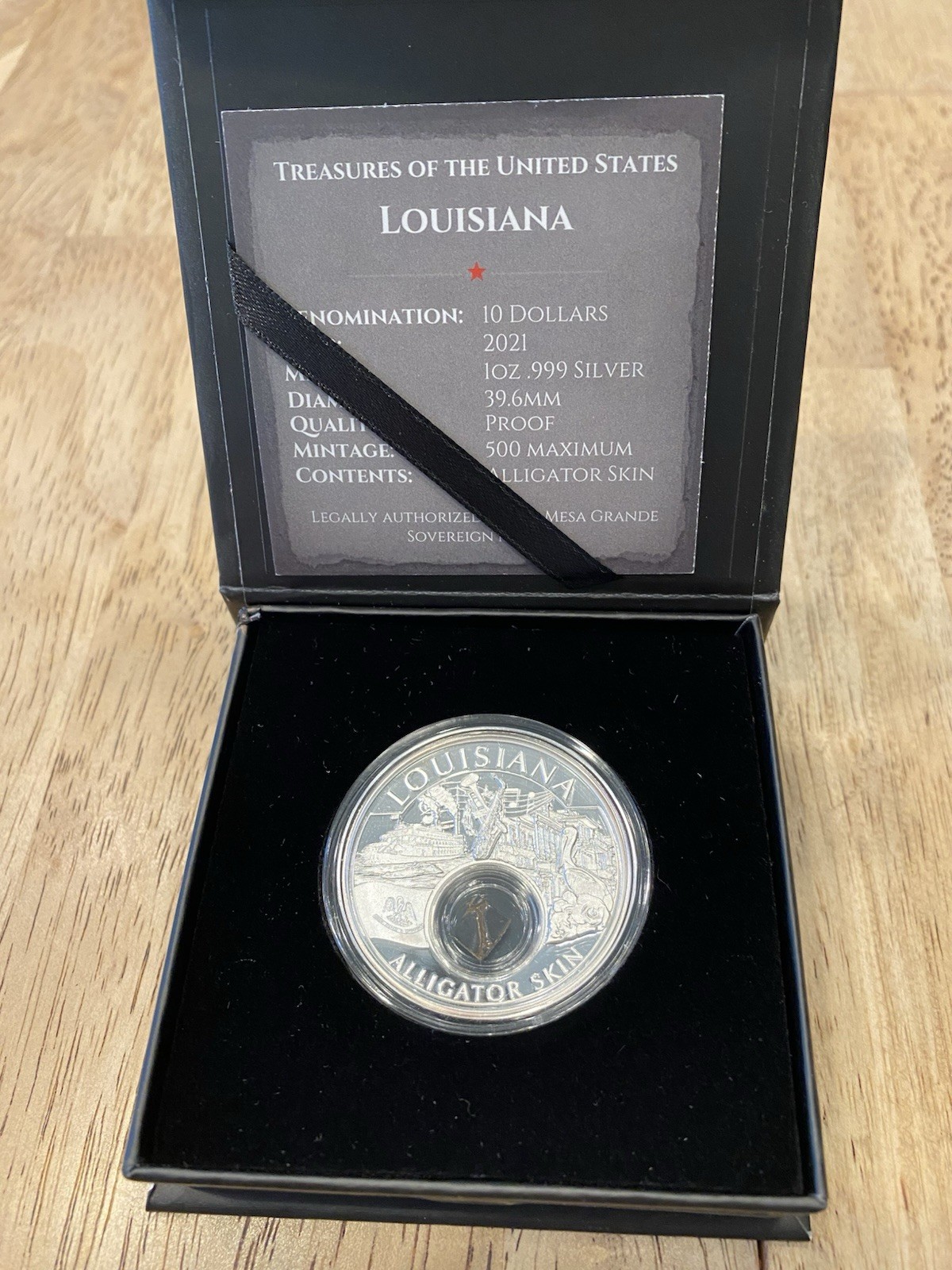 2021 Treasures of the US Louisiana, alligator skin NTV American Mint .999 Ag-COA