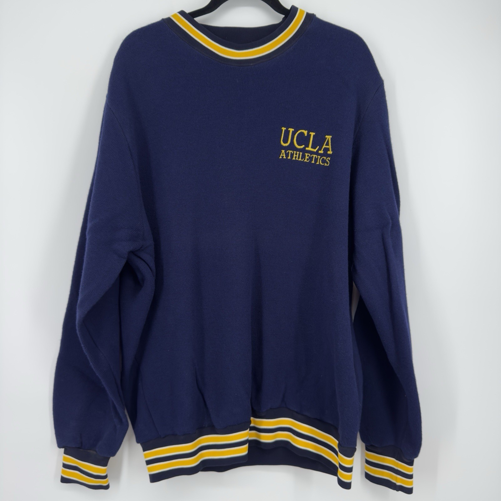 Vtg 80s 90s UCLA Athletics Sand Knit Sweater Crewneck Navy Striped Ribbed XL EUC Vtg 80s 90s UCLA Athletics Sand Knit Sweater Crewneck Navy Striped Ribbed XL EUC