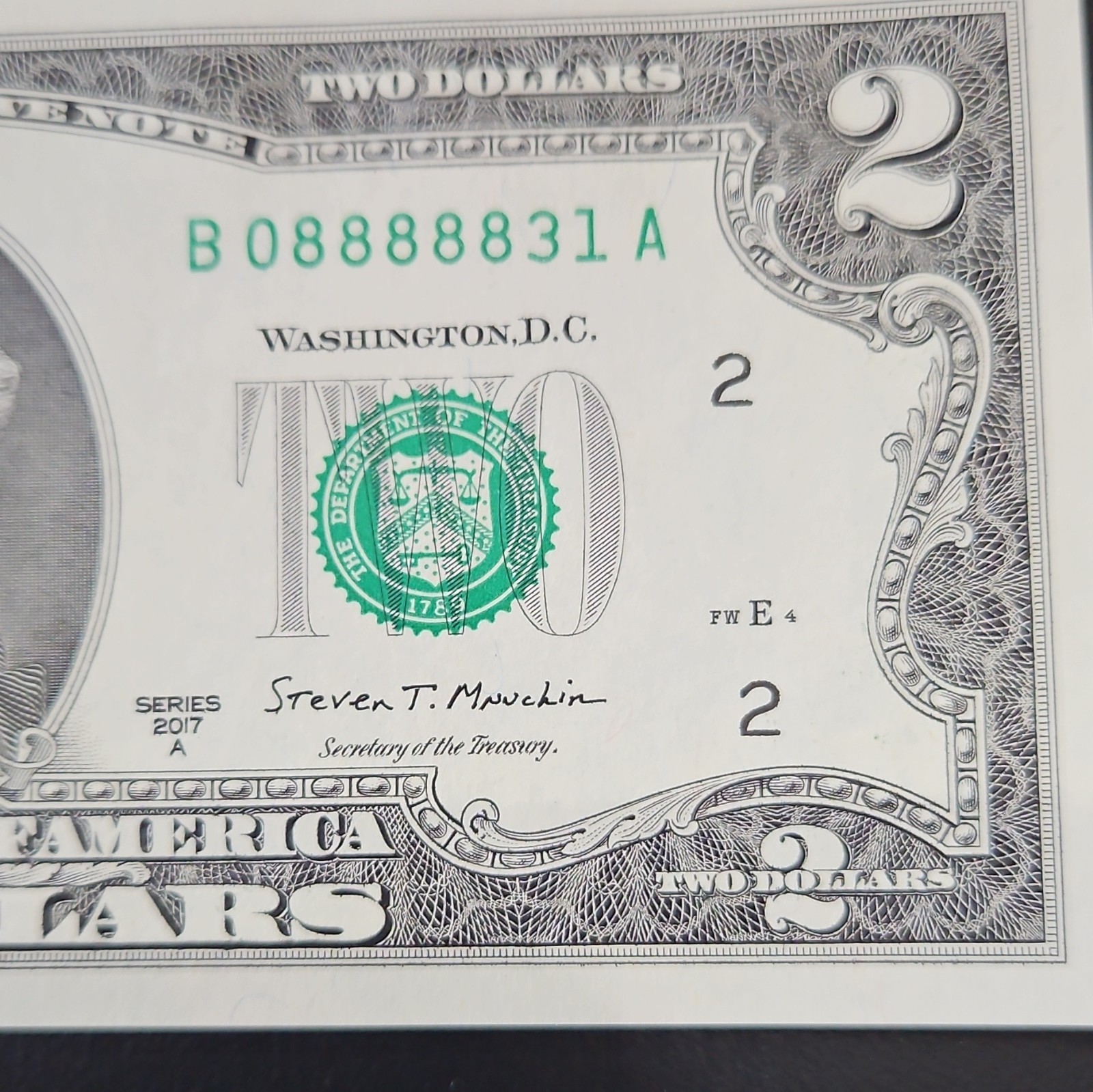 Fancy Serial Number $2 Bill Lucky Five 8s 08888831 Crisp Uncirculated 2017A