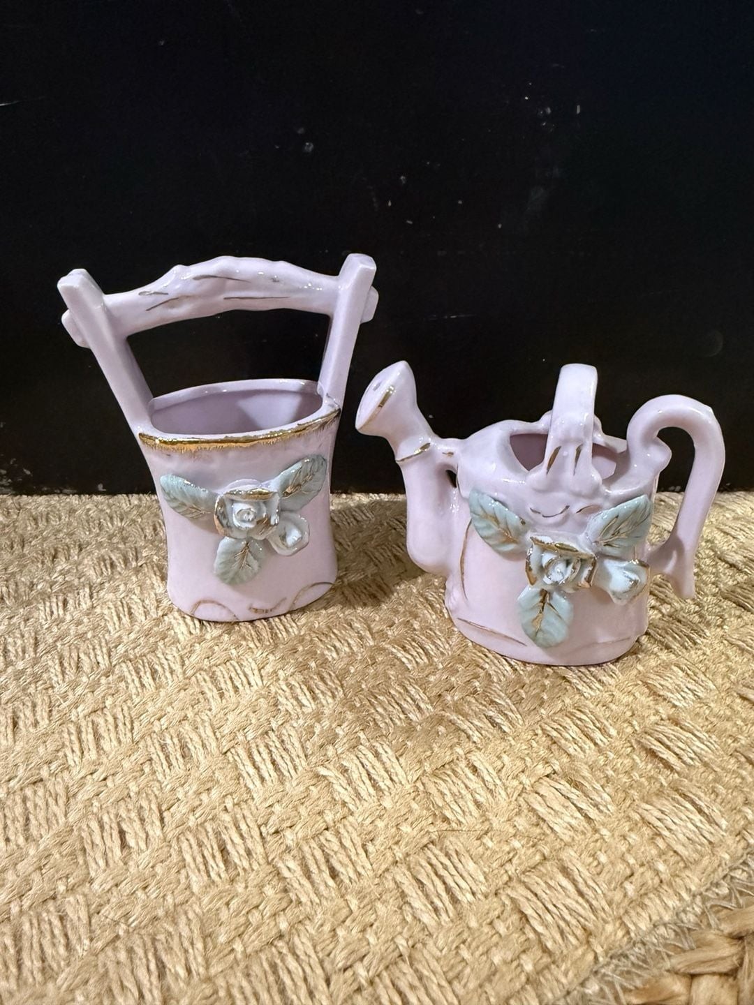 VTG Sterling China Japan Pink Ceramic Wishing Well and Watering Can Planter Set