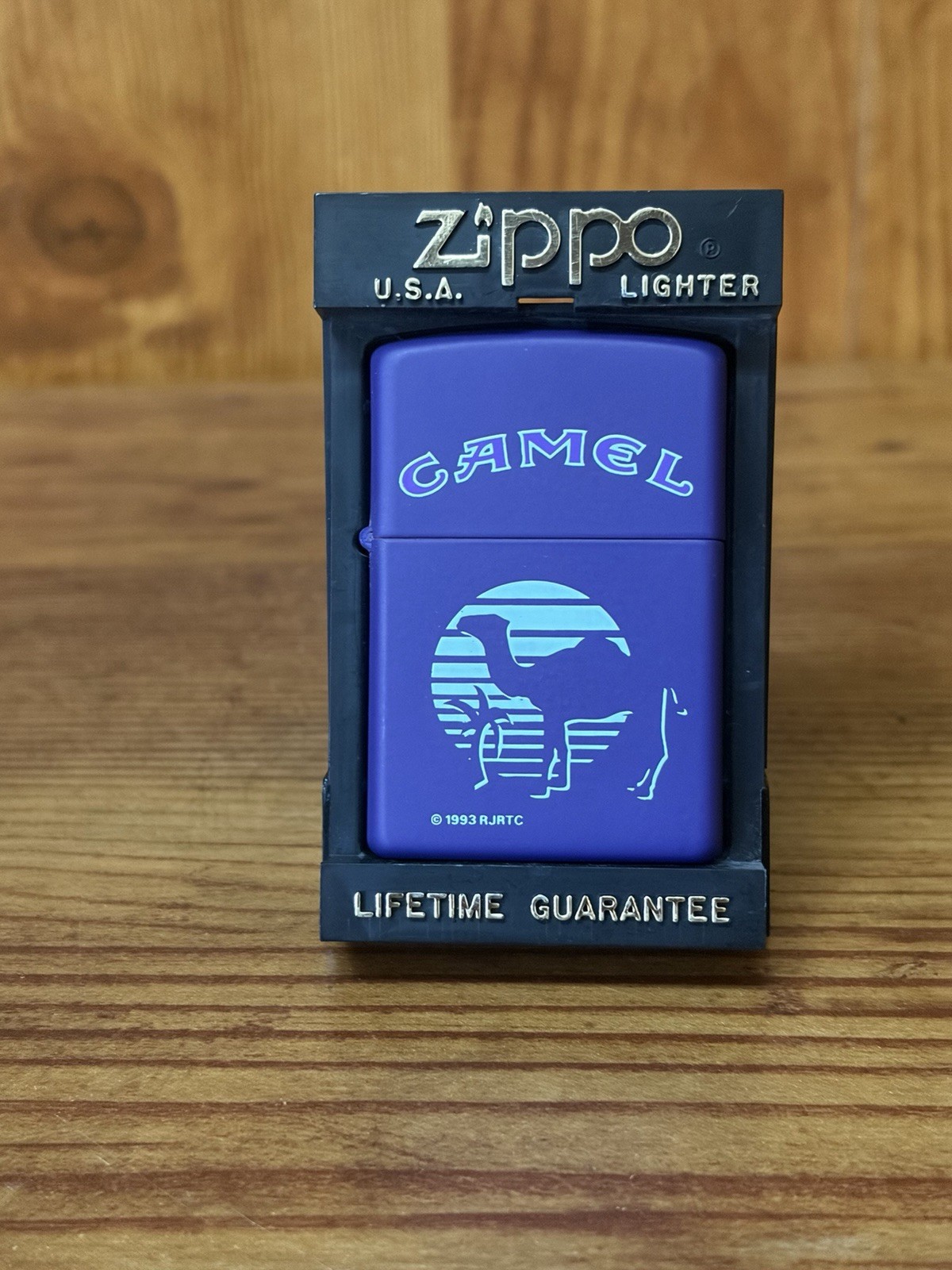 Vintage Joe Camel 1993 Matte Purple Zippo Lighter with Teal Print Mint In Box