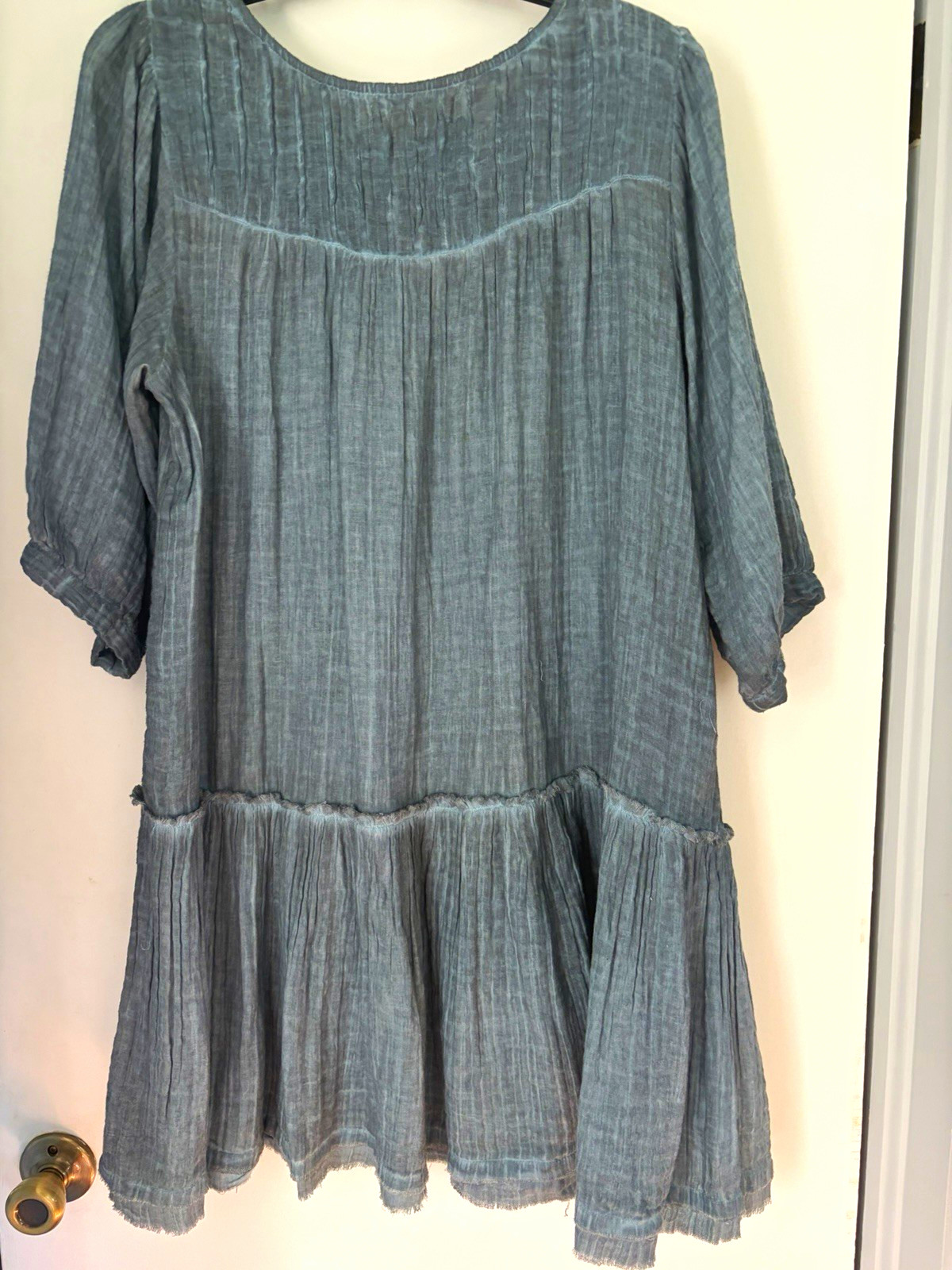 Natural Life Blue Solid 3/4 Sleeve Round Neck A-Line Ruffle Short Dress L Natural Life Blue Solid 3/4 Sleeve Round Neck A-Line Ruffle Short Dress L