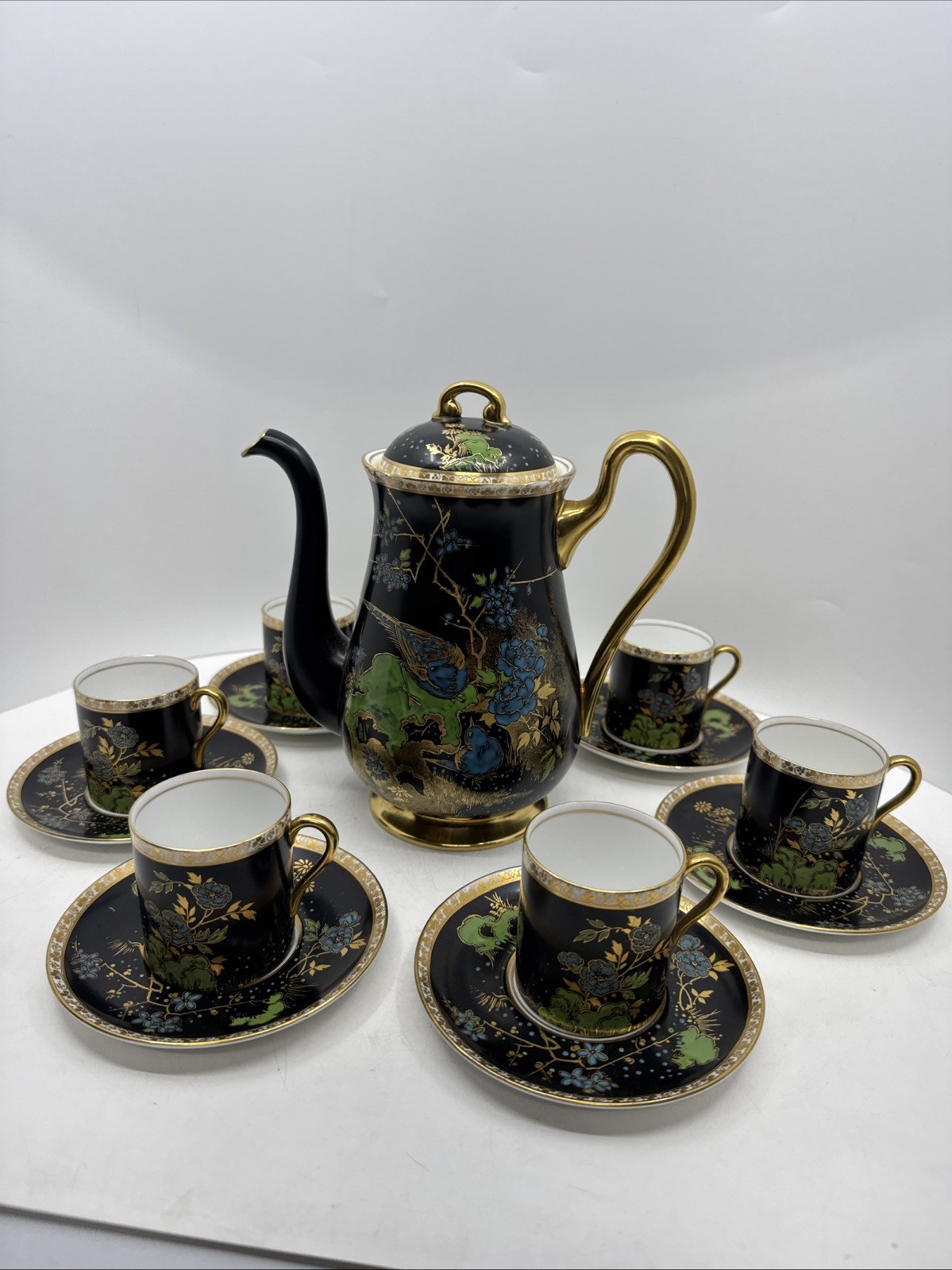 Vintage Shelley Black Bird Of Paradise Coffee Set 