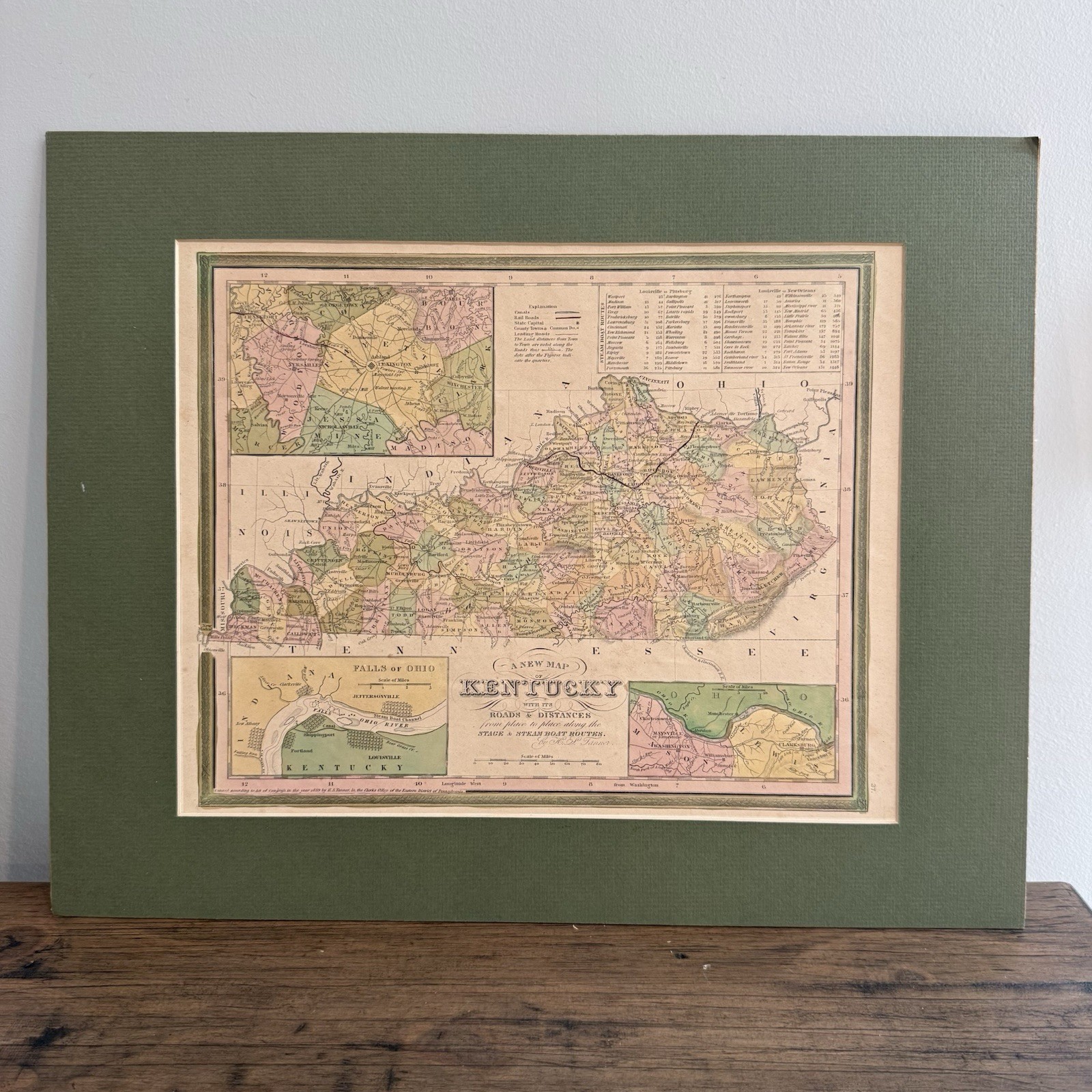 1839 H.S. Tanner Kentucky Antique Hand Colored Map Steamboat Routes