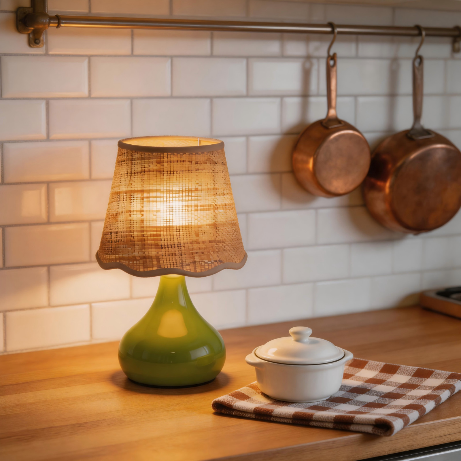 Green & Rattan Table Lamp for Country Style Kitchen Counter Green & Rattan Table Lamp for Country Style Kitchen Counter