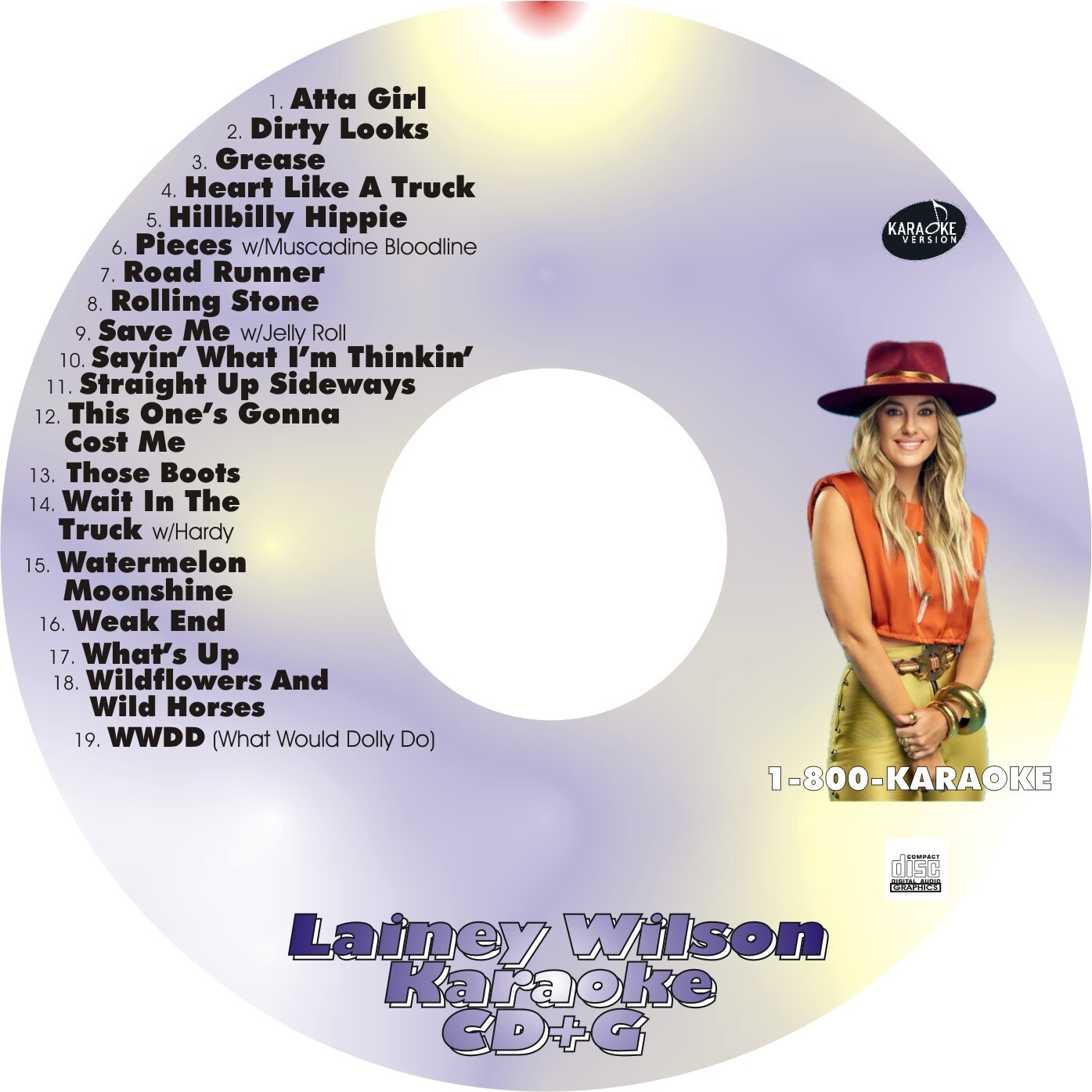 CUSTOM KARAOKE LAINEY WILSON 19 GREAT SONG cdg CD+G RARE HARDY JELLY ROLL MORE