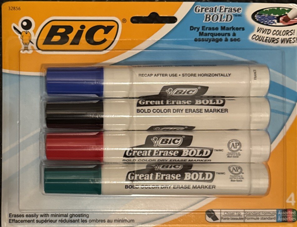 Bic Great Erase Bold Tank-Style Dry Erase Marker Chisel Tip Assorted 4 Pack
