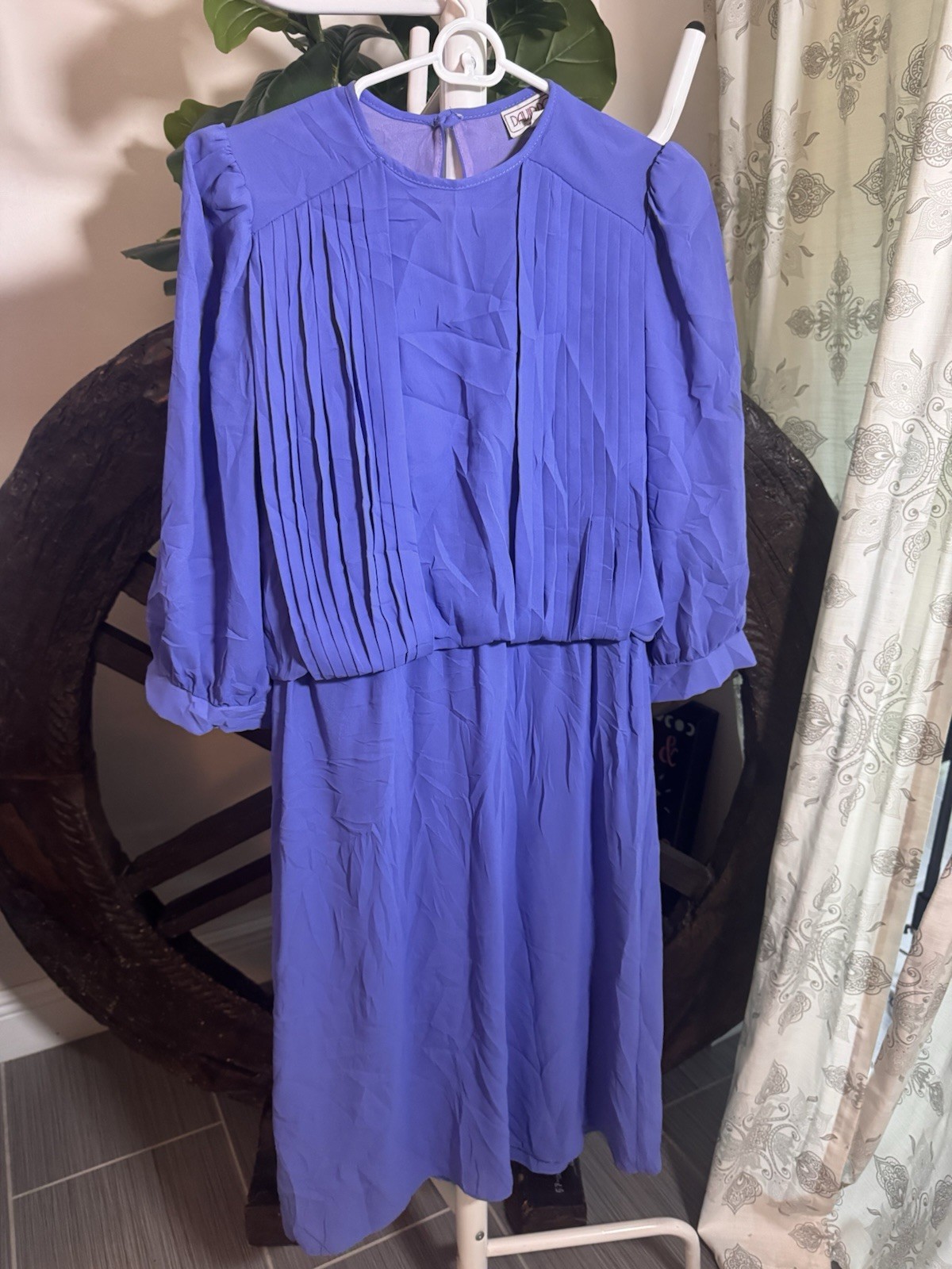 VTG 80s Daudro Pleated Blouson Midi Dress Blue Sz 11/12 Made In The USA VTG 80s Daudro Pleated Blouson Midi Dress Blue Sz 11/12 Made In The USA