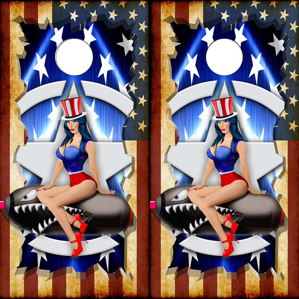 Pin Up Flaming American Flag Cornhole Board Wraps ONLY Vinyl Decal 2 Pack