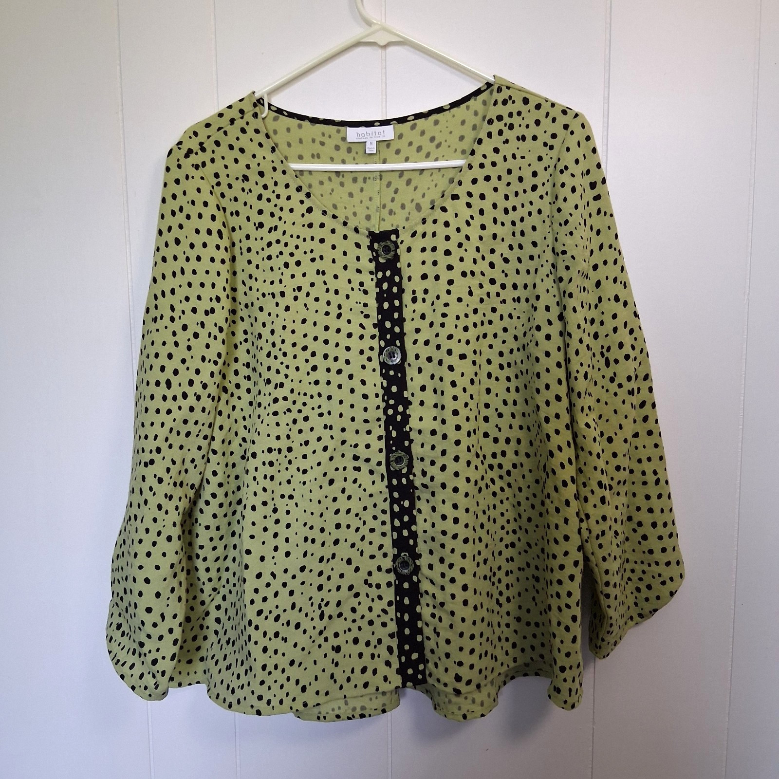 Habitat Blouse Women\'s Size M Green Black Polka Dot Button Front Lagenlook Artsy