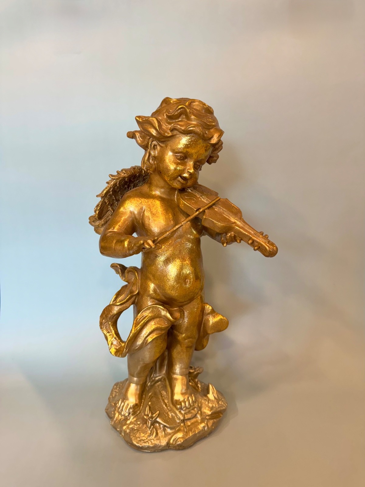Vintage-Style Gold Cherub Angel Statue Playing Violin Resin Decor 15.5” Large