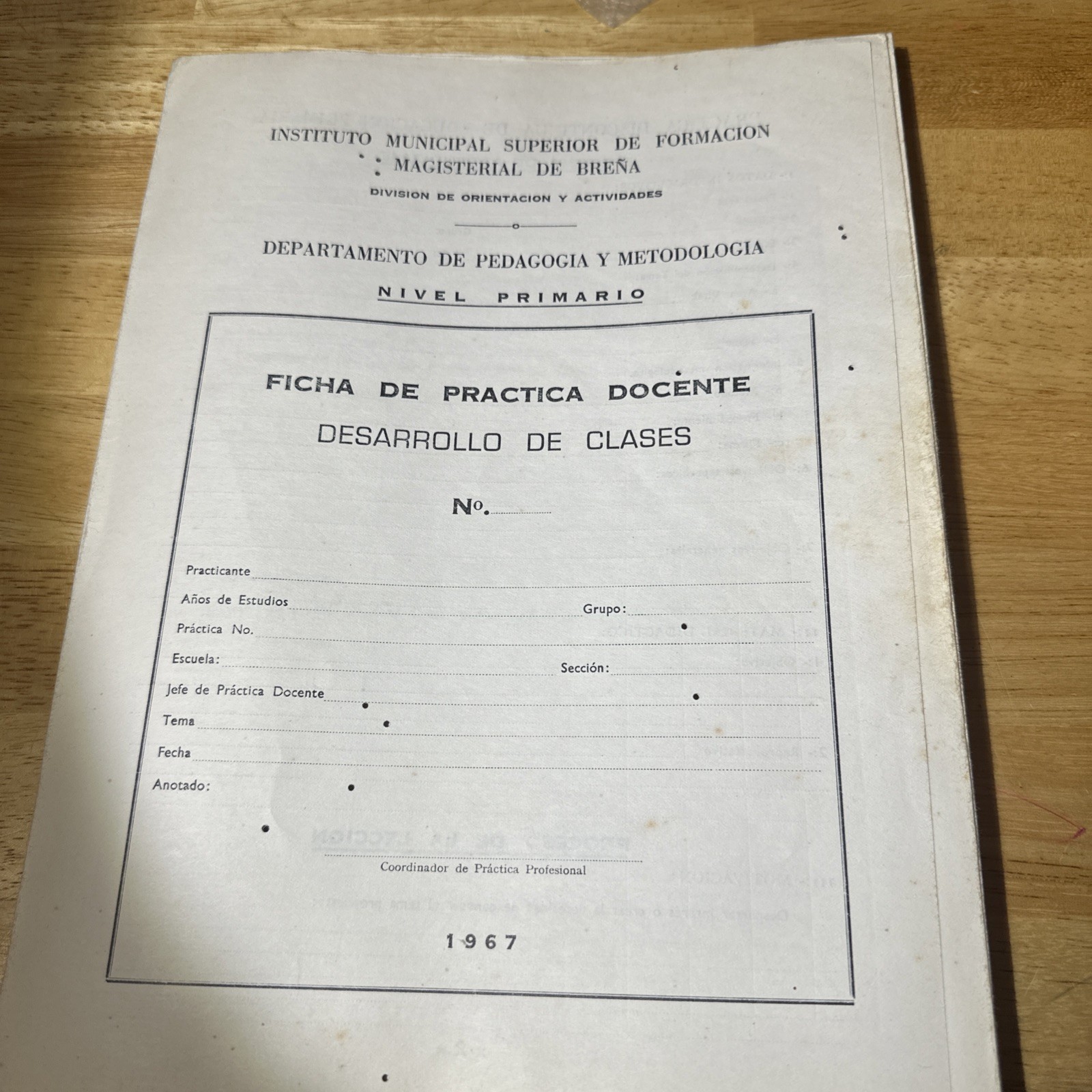 historical document from 1967, teaching Practice Sheet From Breña  Peru