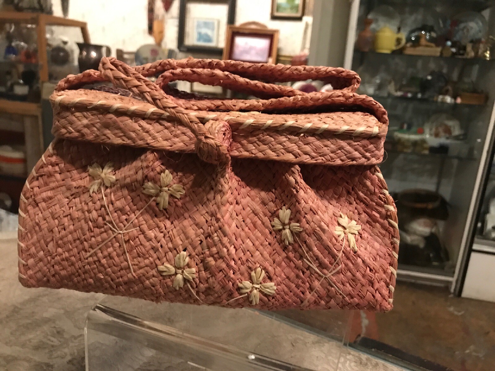 Vintage Antique Mid Century Modern Bohemian Rattan Woven Purse Bag Pink Vintage Antique Mid Century Modern Bohemian Rattan Woven Purse Bag Pink