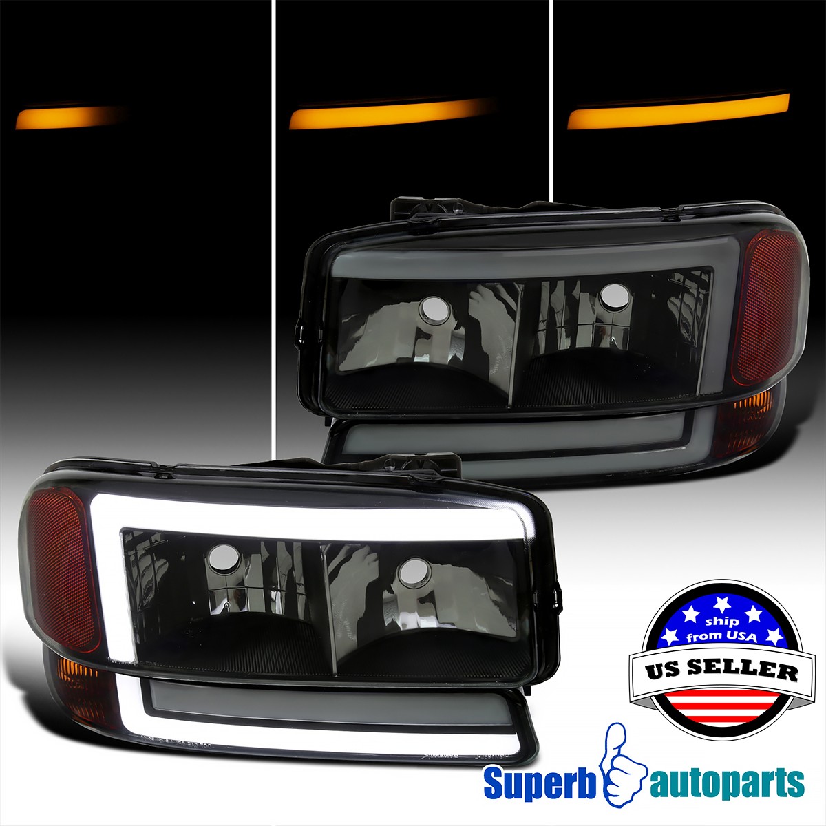 Fit 1999-2006 GMC Sierra Yukon XL Smoke Headlight LED bar Sequential Turn signal