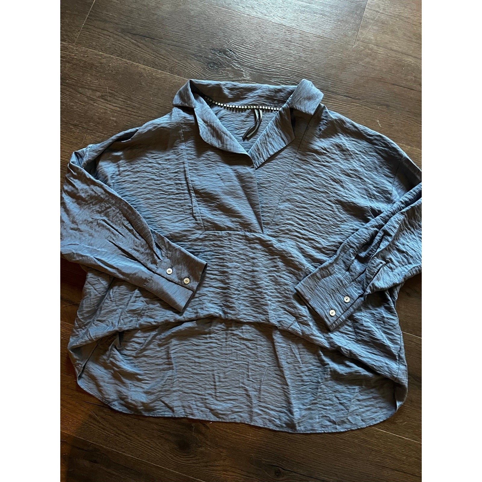 Anthropologie Blue Crinkle Textured High Low Collared Blouse Size S