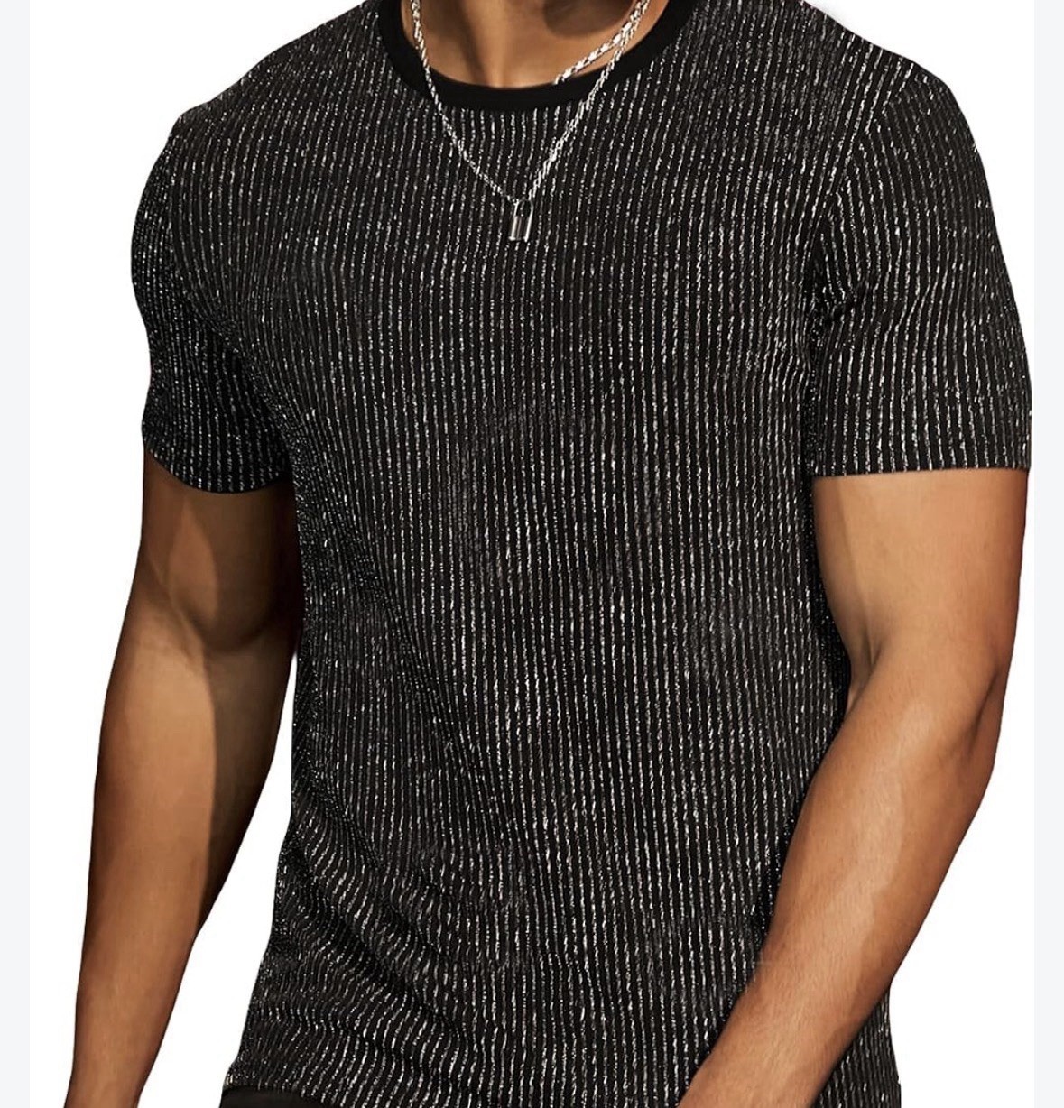 SHEIN Men\'s Black/Silver Striped Metallic Knit Crew Neck T-Shirt, M
