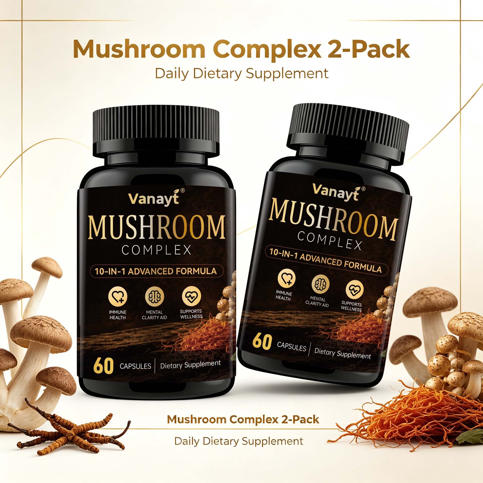 10x Mushroom Complex with Lions Mane, Reishi, Shiitake, Chaga and more 2 Bottles