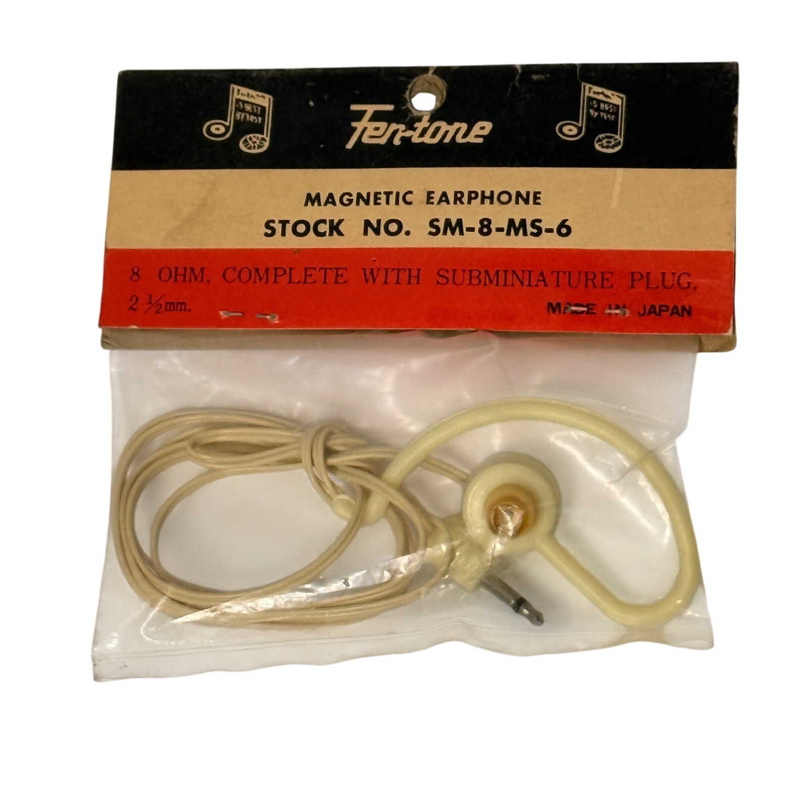 Vintage Fen-tone Magnetic Earphone 8 Ohm SM-8-MS-6 2.5mm Subminiature Japan NOS