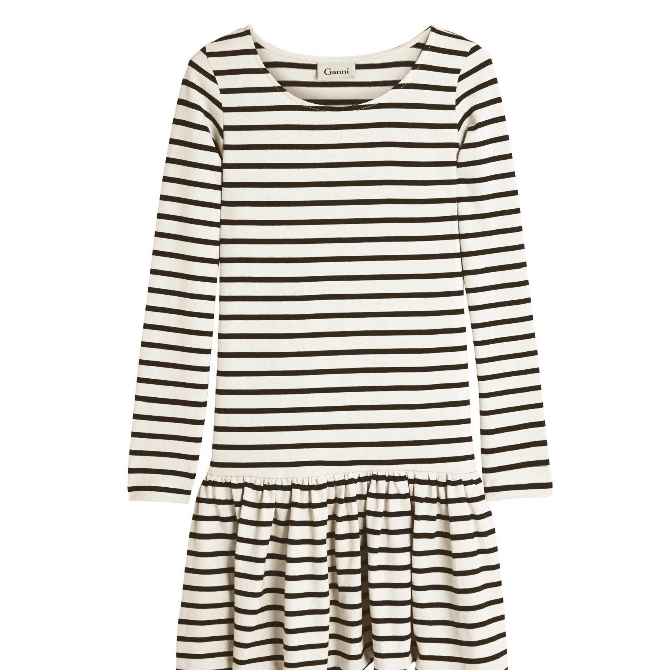 Ganni Striped Long Sleeve Ruffle Drop Waist Mini Dress Small Cream Navy Blue Ganni Striped Long Sleeve Ruffle Drop Waist Mini Dress Small Cream Navy Blue