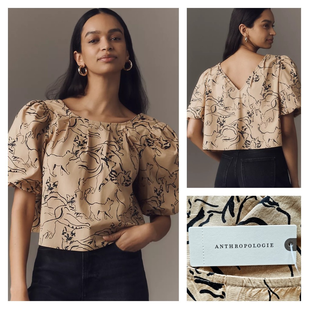 Anthropologie Maeve Puff-Sleeve Swing Blouse Brown Cat Design XL NWT $88