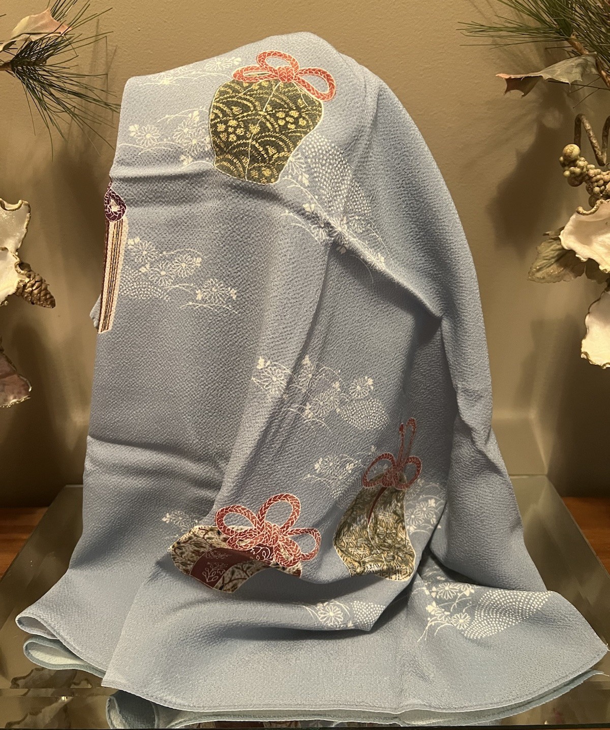 Vintage Edo Komon Japanese Blue Scarf From Mitsukoshi Dept Store NOS In Box RARE