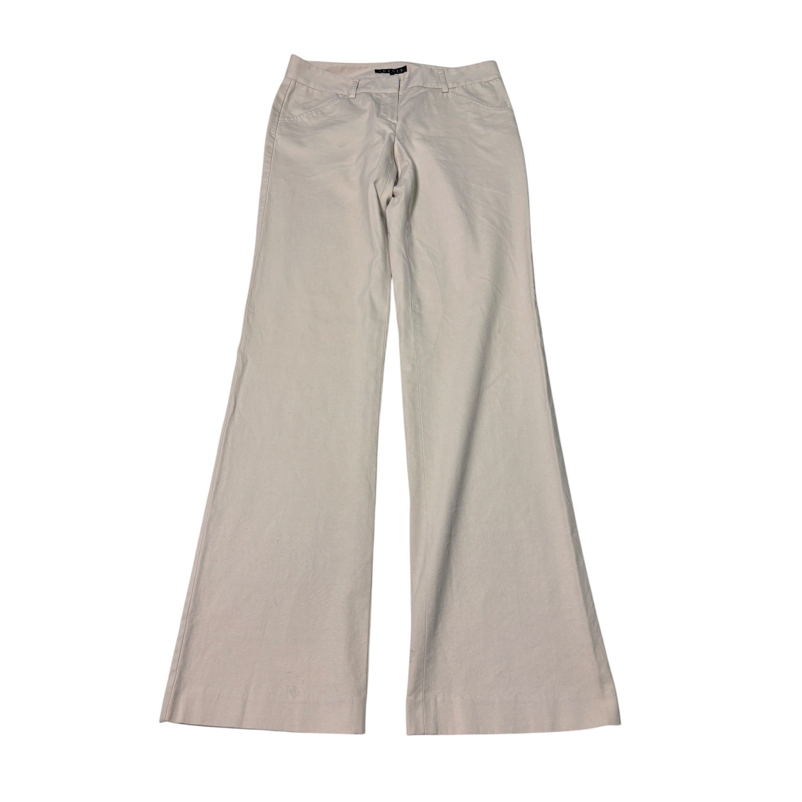 Theory Womens Beige Wide Leg Flare Trousers Cotton Blend Size 4 30X33 Made USA