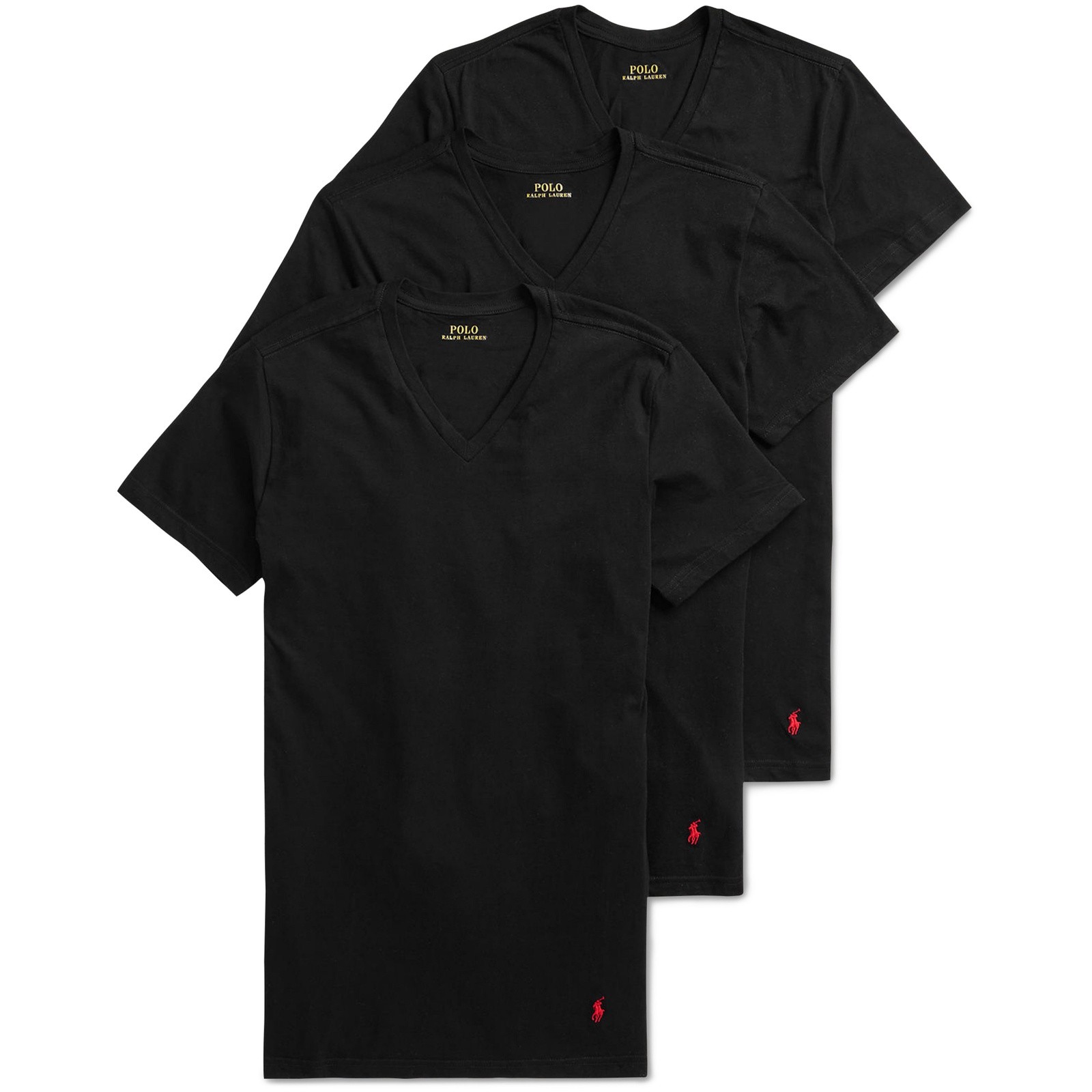 Polo Ralph Lauren Mens V-Neck T-Shirts 3-Pack Black Cotton Blend Solid Soft Tee