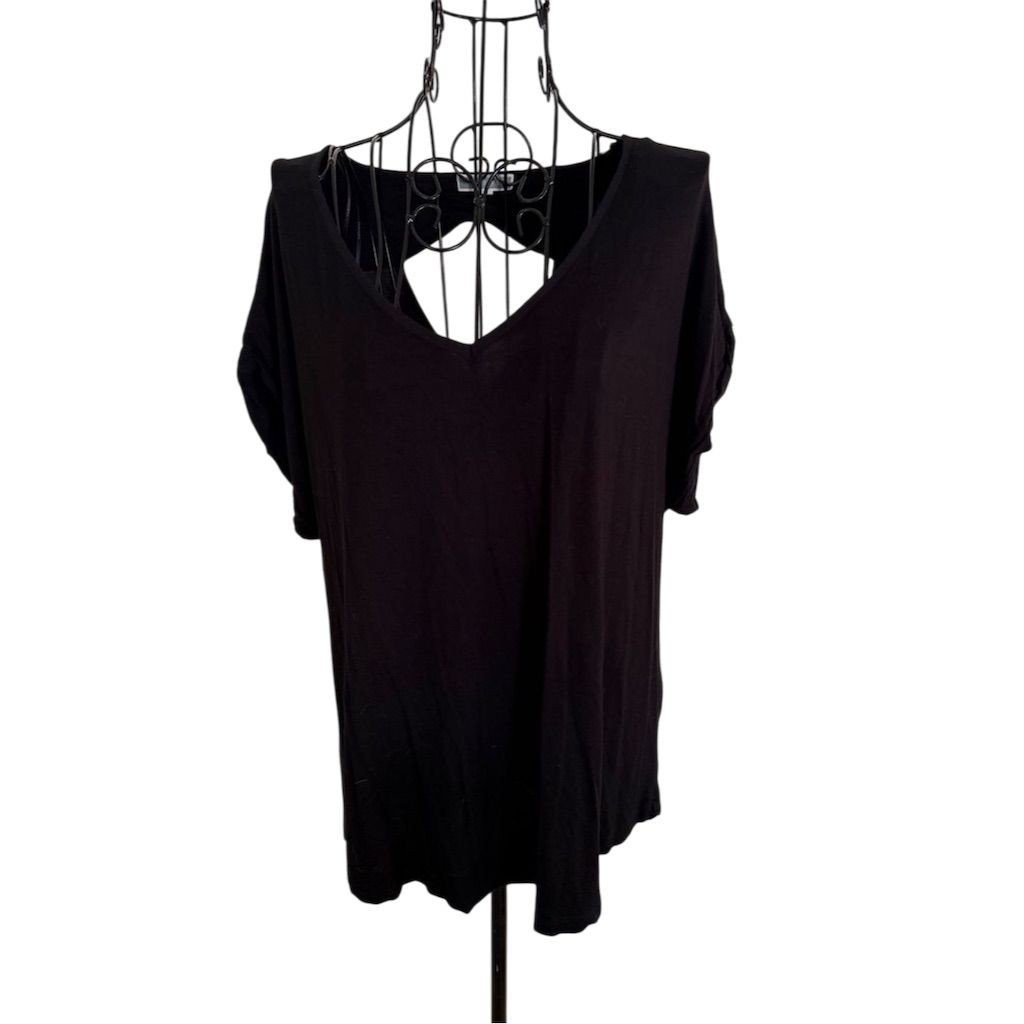 Pleoine Women\'s Black open back V-Neck Short Sleeve Top S Casual vintage soft