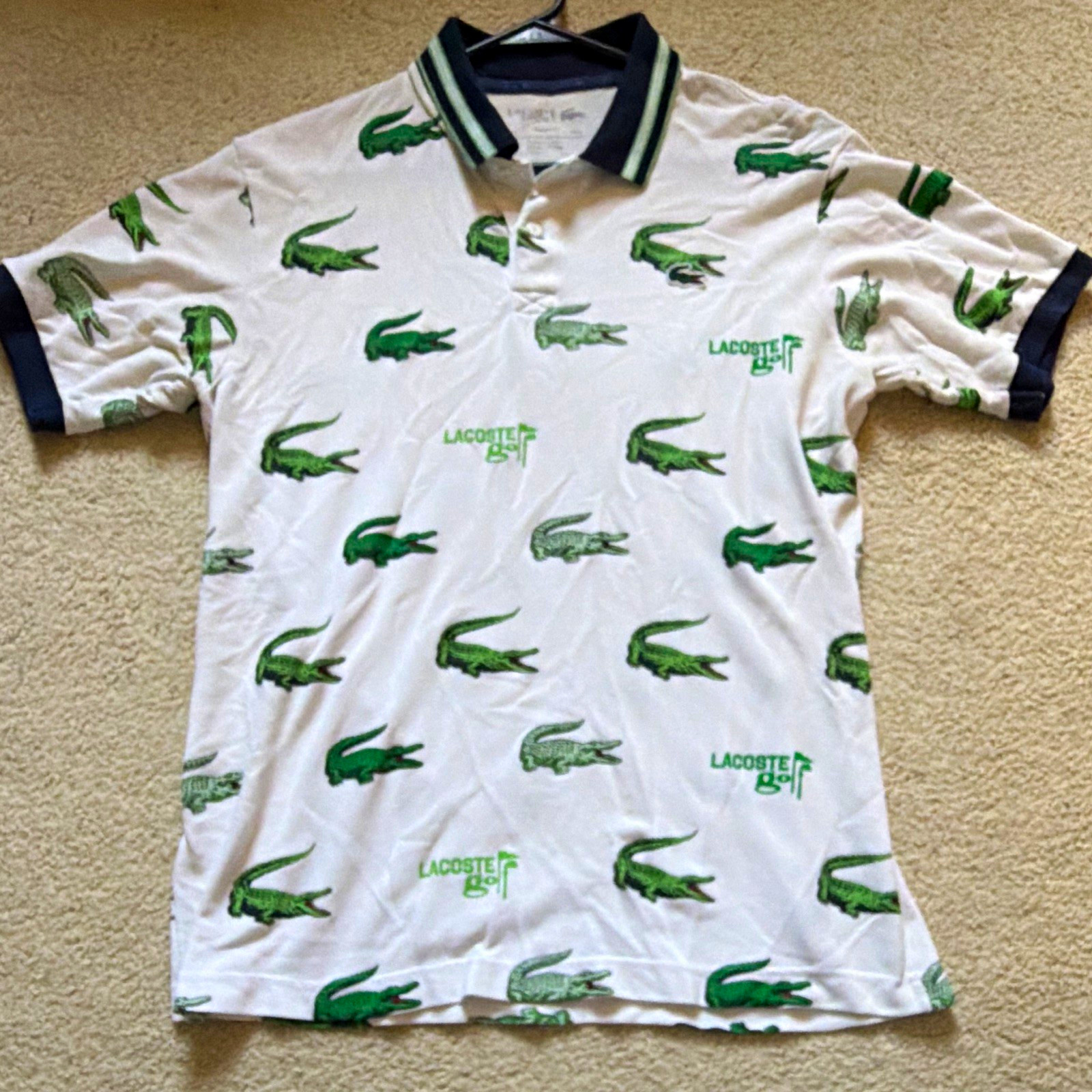 Lacoste Golf Classic Fit Men\'s M White/Green Cotton Polo All Over Croc