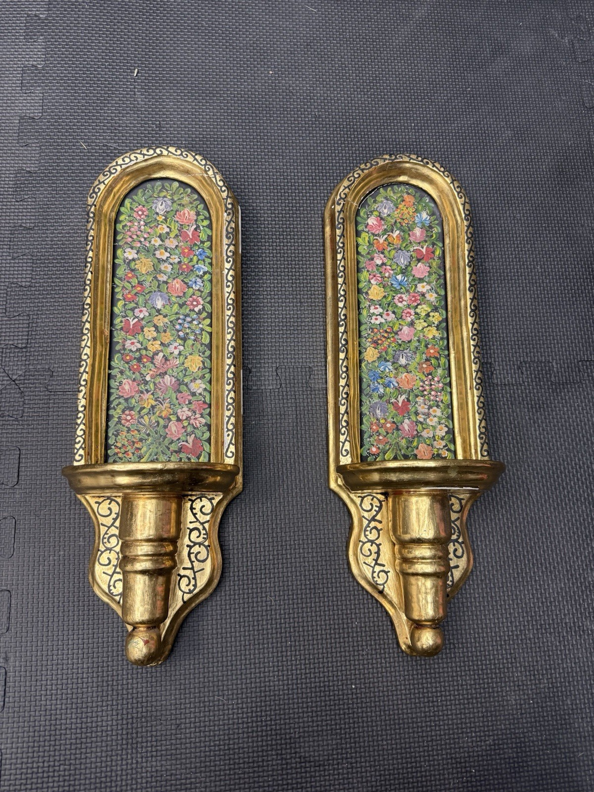 Early 20th Century Santos Hand Painted Wood Gold Mexican Wall Shelf Display x2