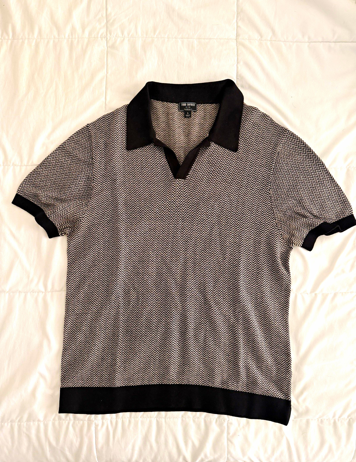 Todd Snyder Men’s L Black/White Chevron Knit Silk Cotton Short Sleeve Polo