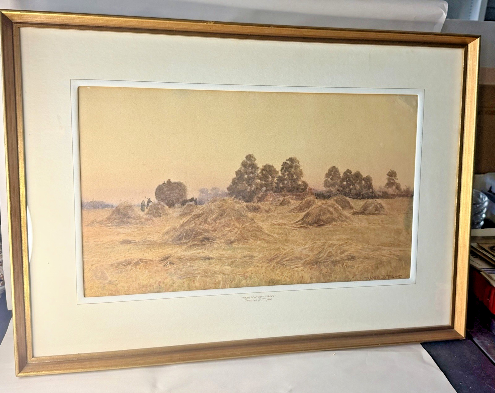 Francis B Tighe Signed Original Watercolor Near Dorking Surrey Harvest Framed