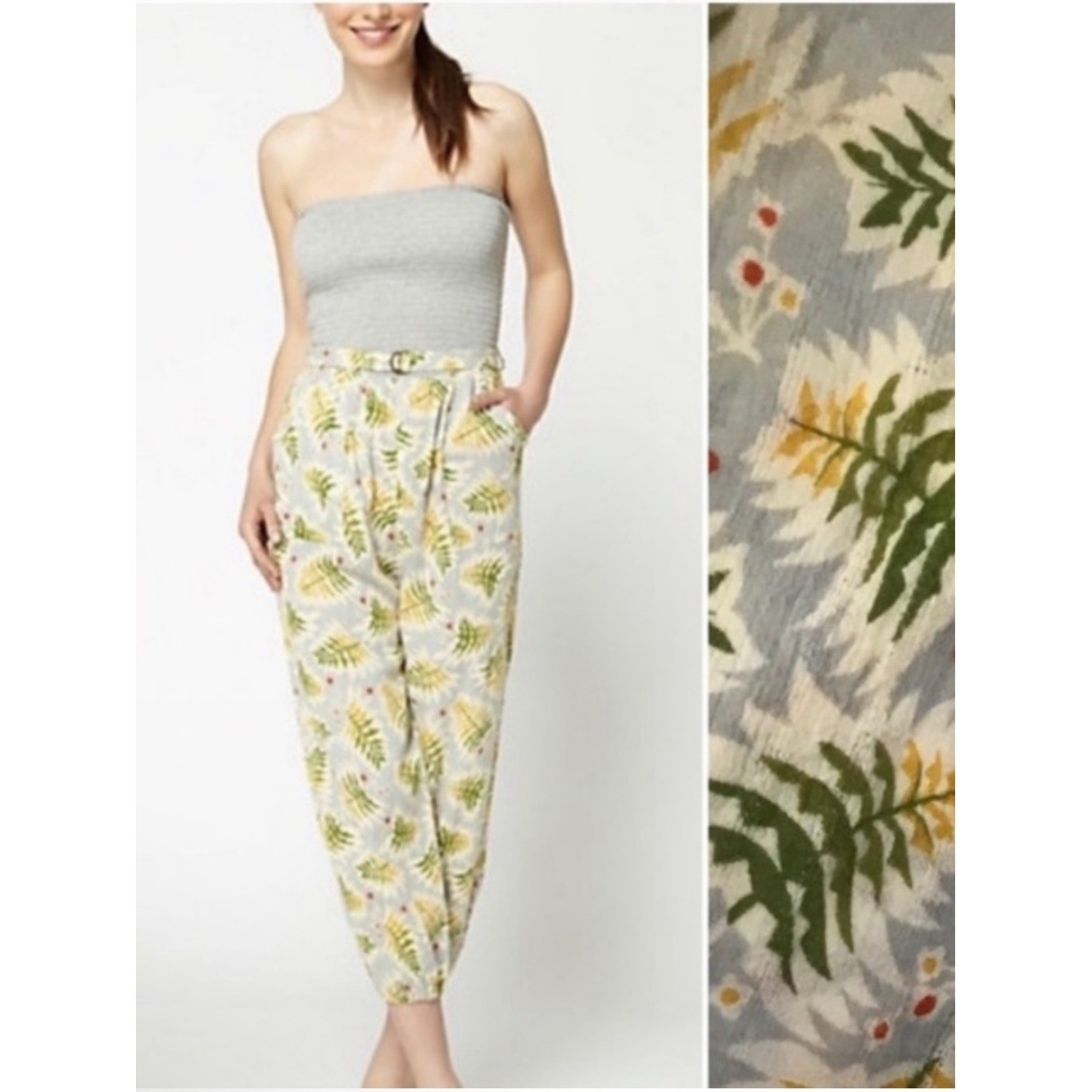 anthropologie lilka jumpsuit strapless botanical fern pockets gray cream medium anthropologie lilka jumpsuit strapless botanical fern pockets gray cream medium